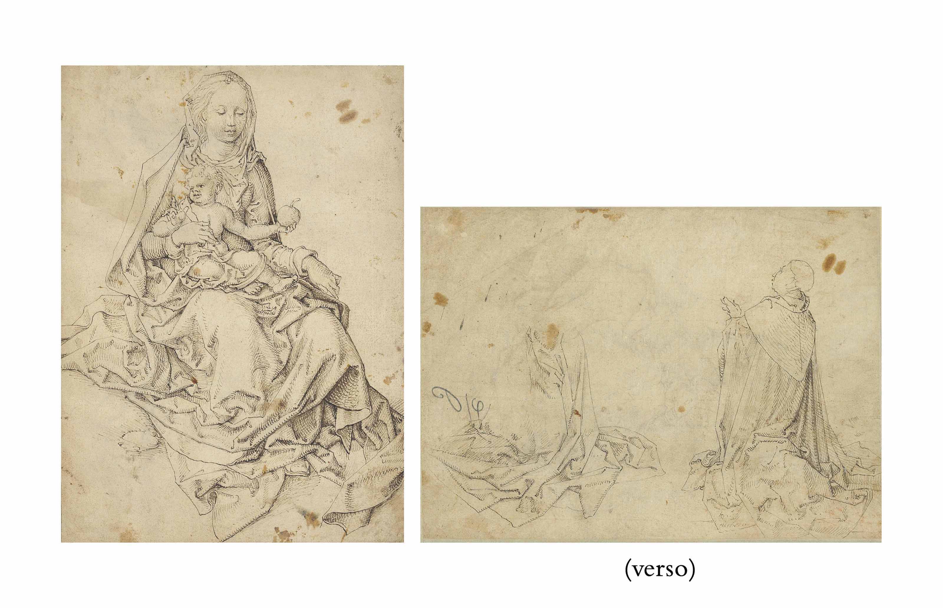 Albrecht Dürer — Мадонна с младенцем (справа налево ), коленопреклоненный прелат, с дополнительным изучением драпировок (оборотная сторона )