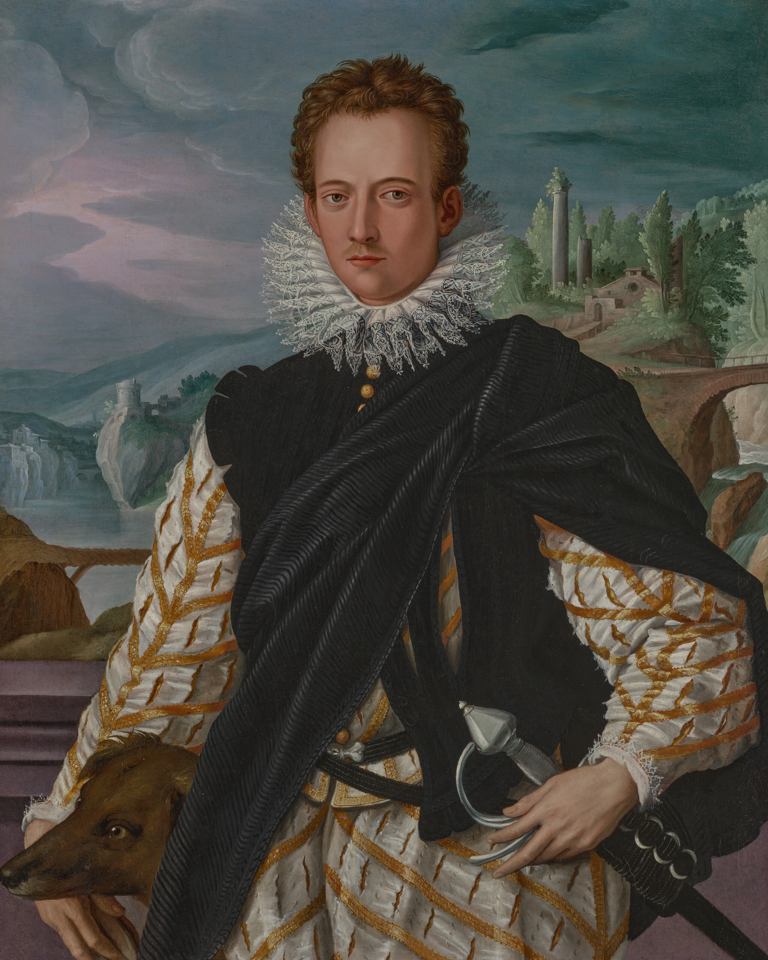 Alessandro Allori — Портрет джентльмена, возможно, дона Антонио Медичи (1576-1621), в полный рост, на фоне пейзажа