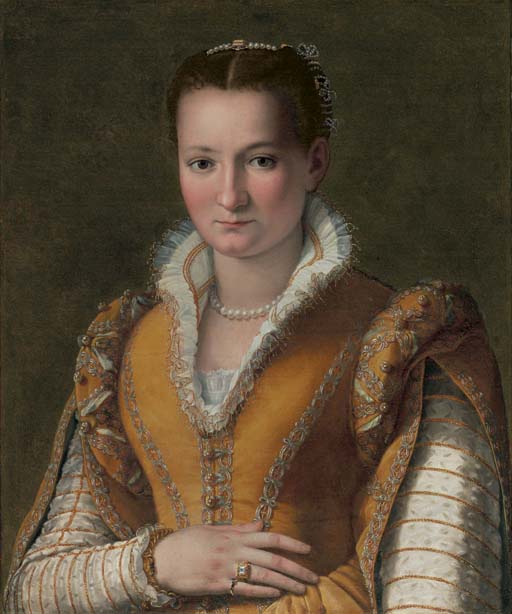 Alessandro Allori — Портрет дамы, возможно, Бьянки Капелло де Медичи, в полный рост, в расшитом золотом платье и жемчугах