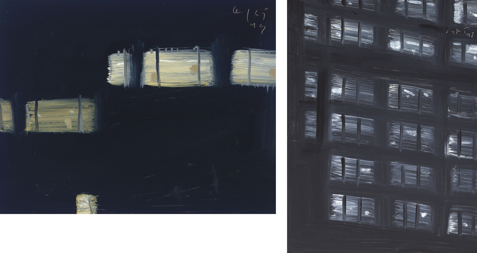 Alex Katz — Западная сторона, подпись и дата "Алекс Кац 97" (вверху справа), доска маслом размером 9 х 12 дюймов (22,9 х 30,5 см) Написана в 1997 году. Фасад II с подписью и датой "Алекс Кац 97" (вверху справа), мазонит, масло, 12 х 9 дюймов (30,5 х 22,9 см) Написана в 1997 году.