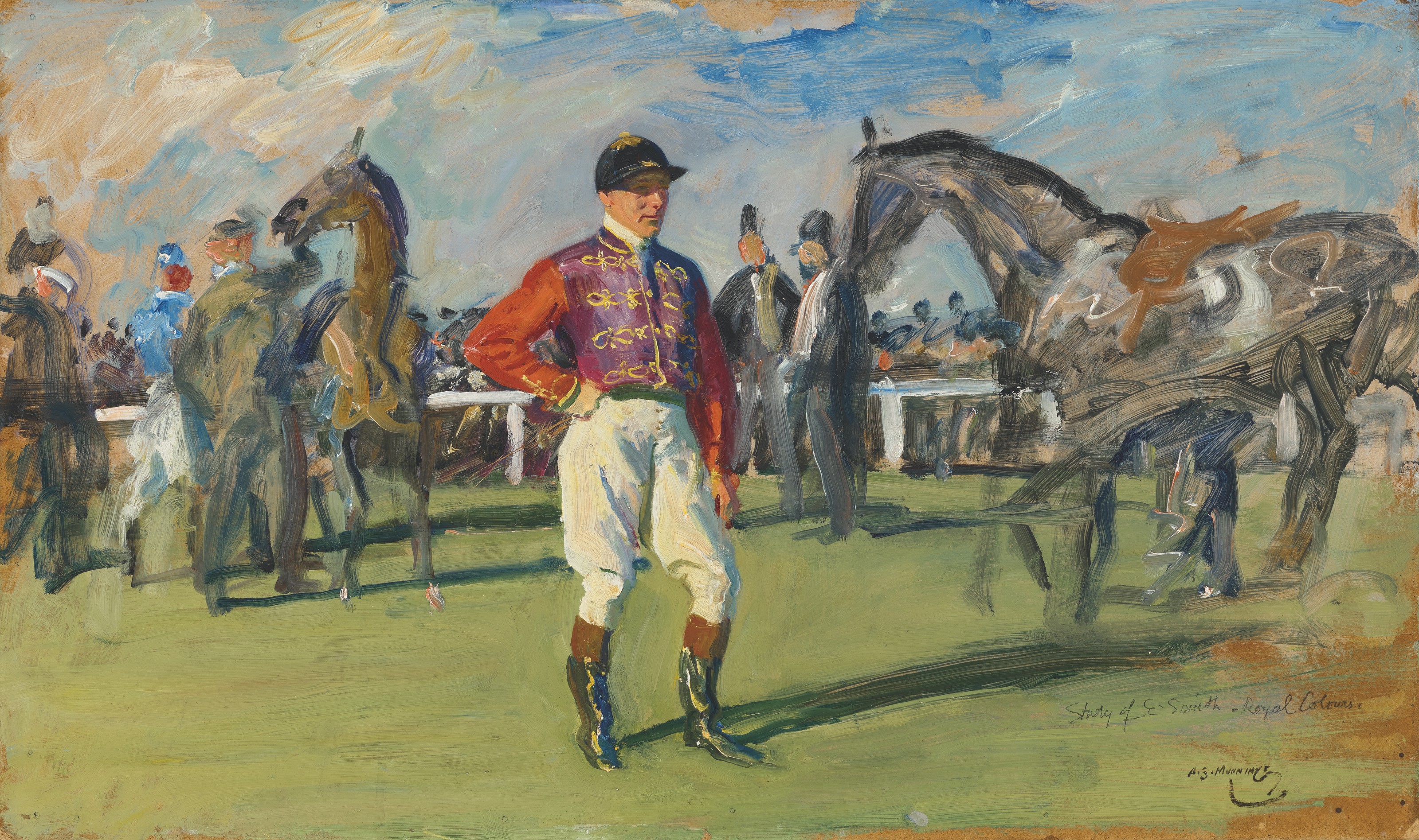 Alfred James Munnings — Этюд Эфа Смита в королевских цветах в паддоке в Эпсоме, изображение 1