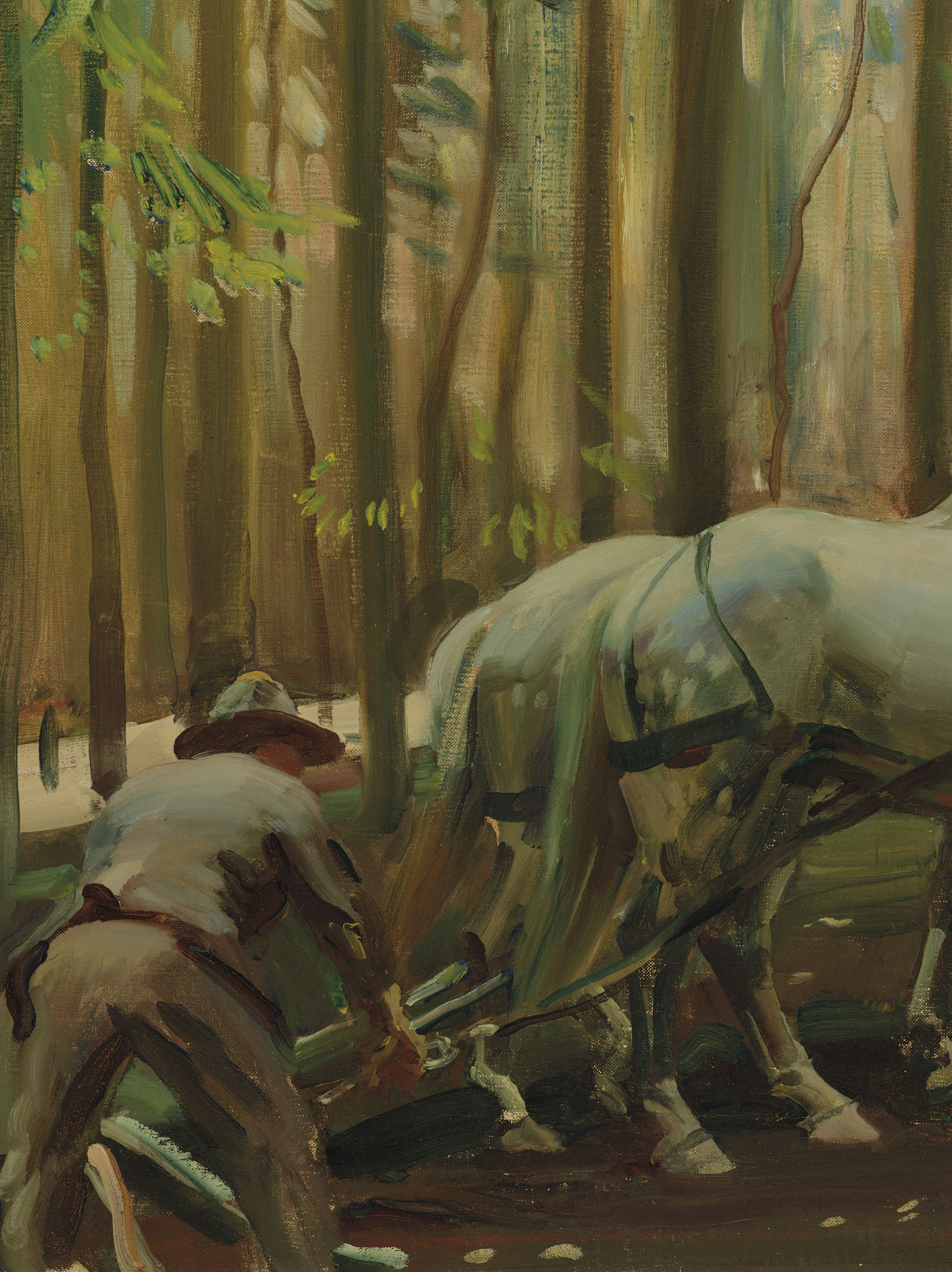 Alfred James Munnings — Лесная сцена: Человек и лошади рисуют дерево, изображение 2