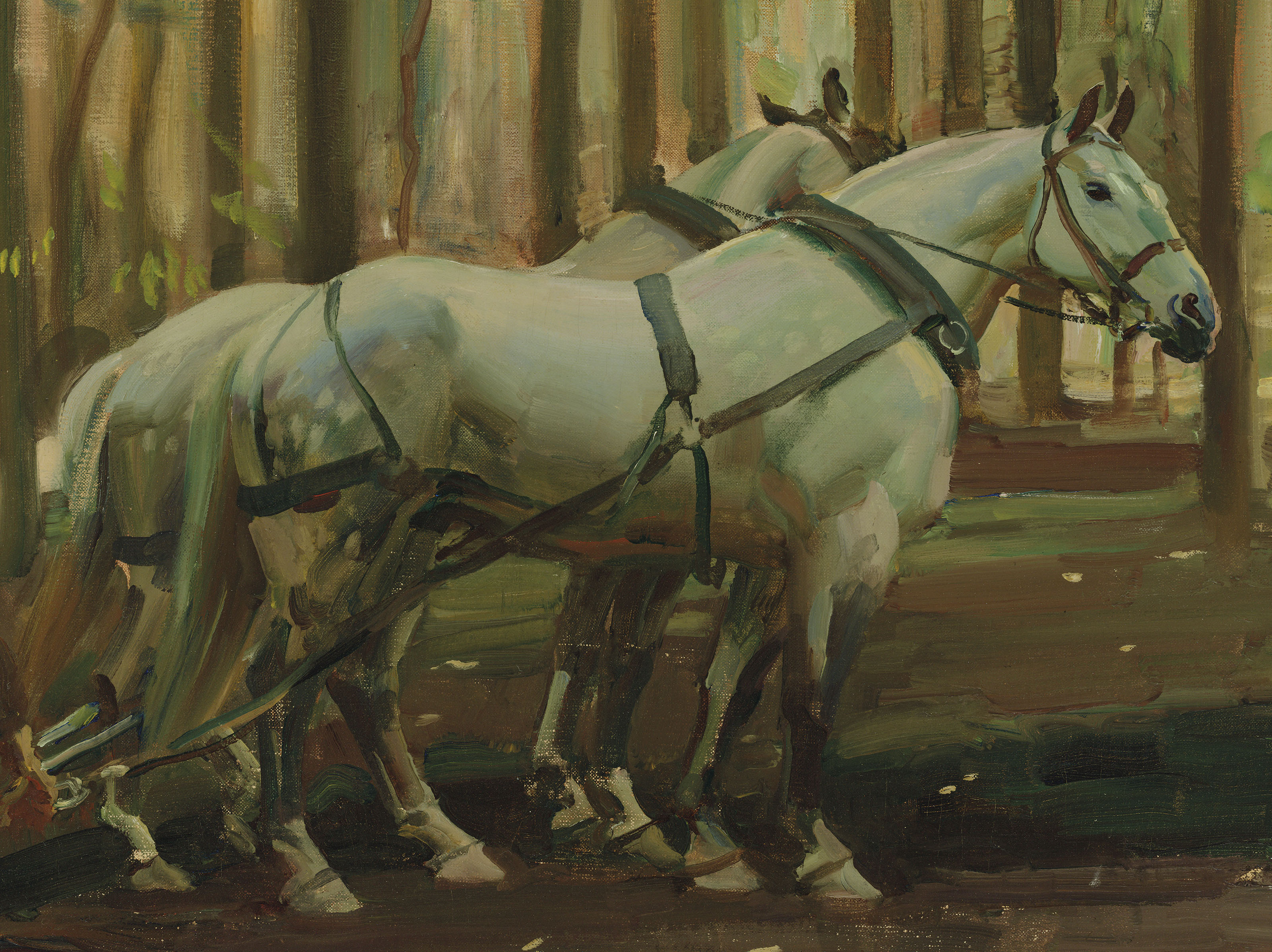 Alfred James Munnings — Лесная сцена: Человек и лошади рисуют дерево, изображение 3