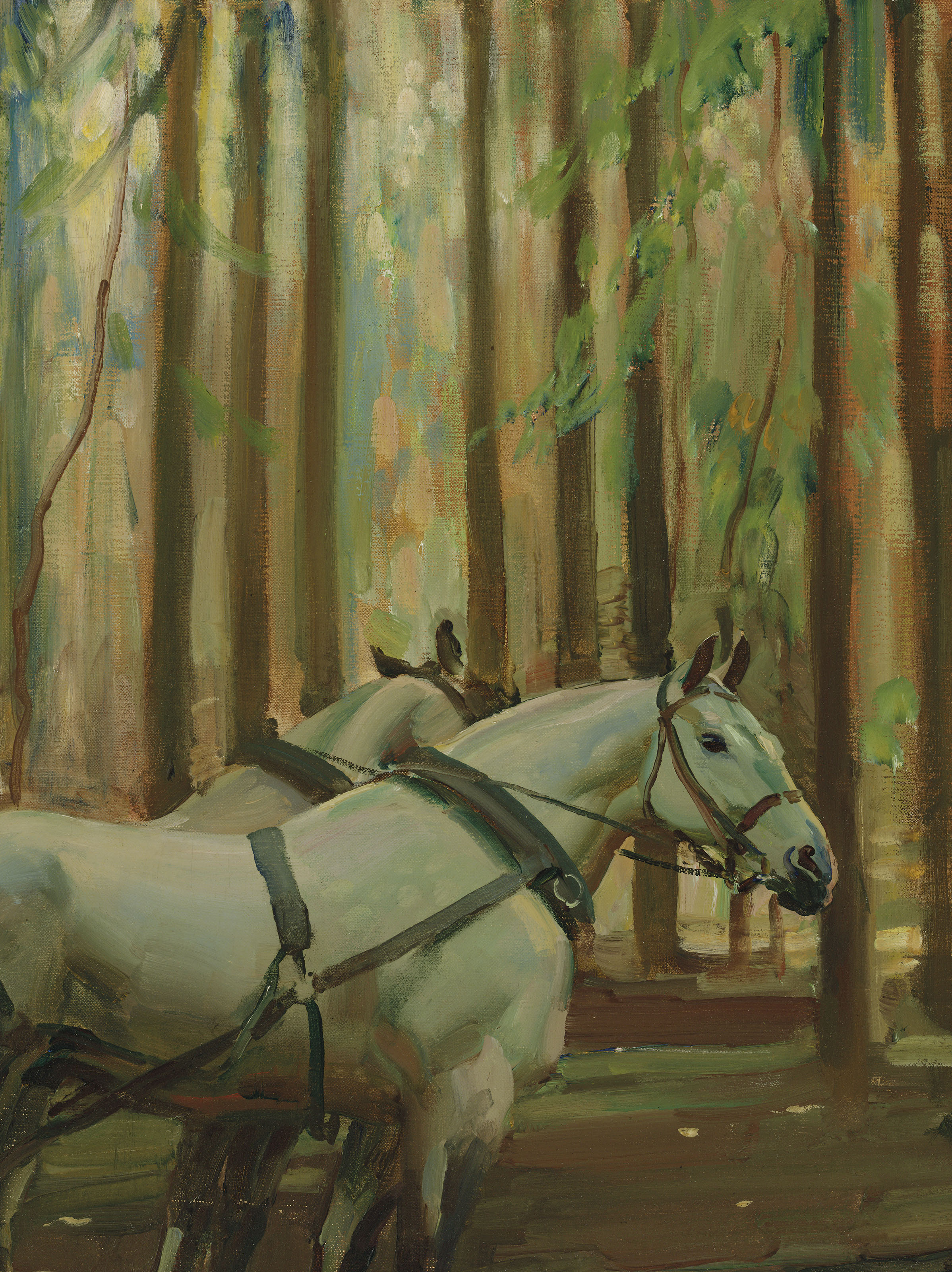 Alfred James Munnings — Лесная сцена: Человек и лошади рисуют дерево, изображение 4