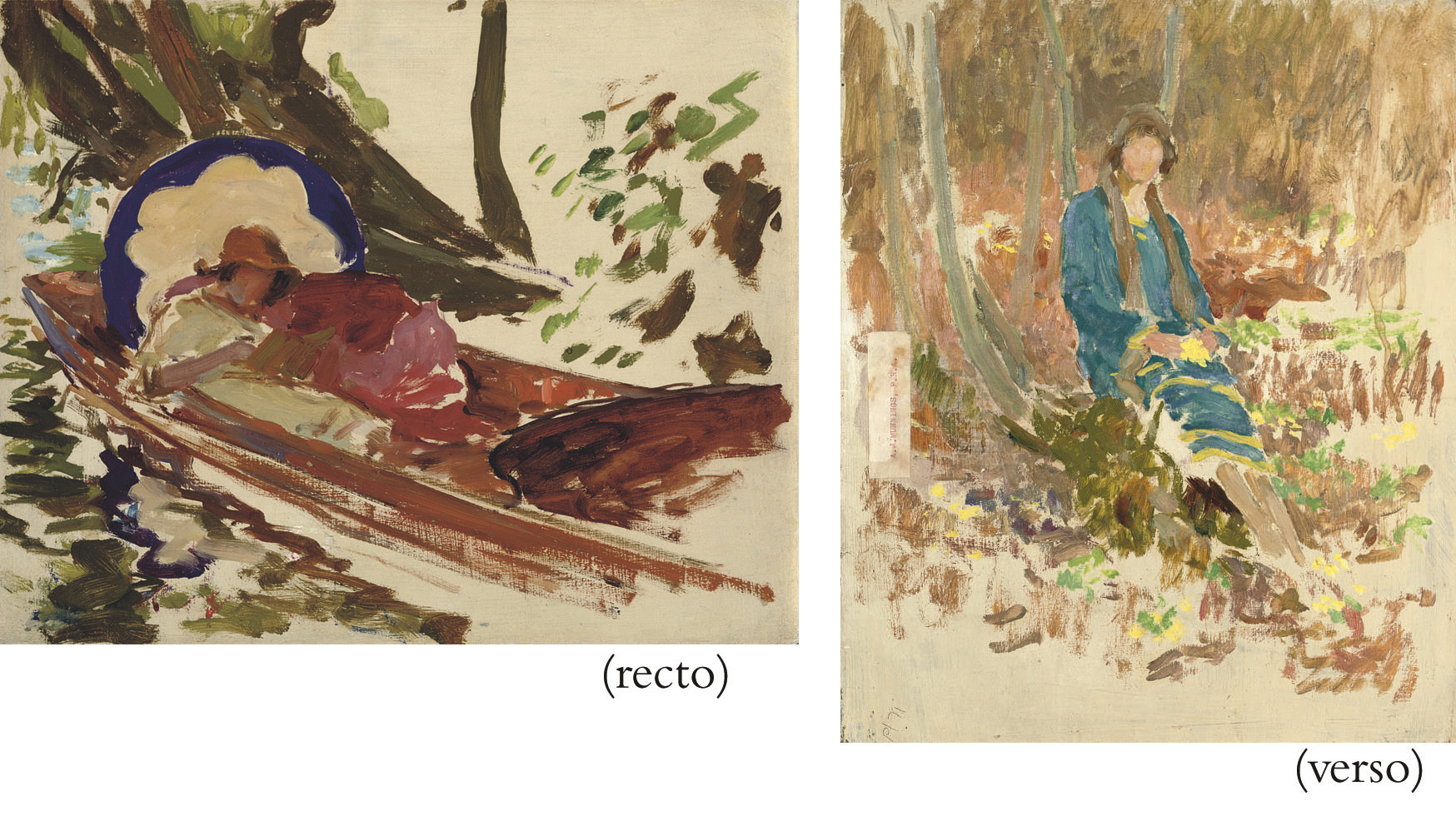 Alfred James Munnings — Мэй, двоюродная сестра художника, в лодке на реке Уэйверни, Саффолк (справа налево), Портрет девушки, сидящей в лесу (оборотная сторона)