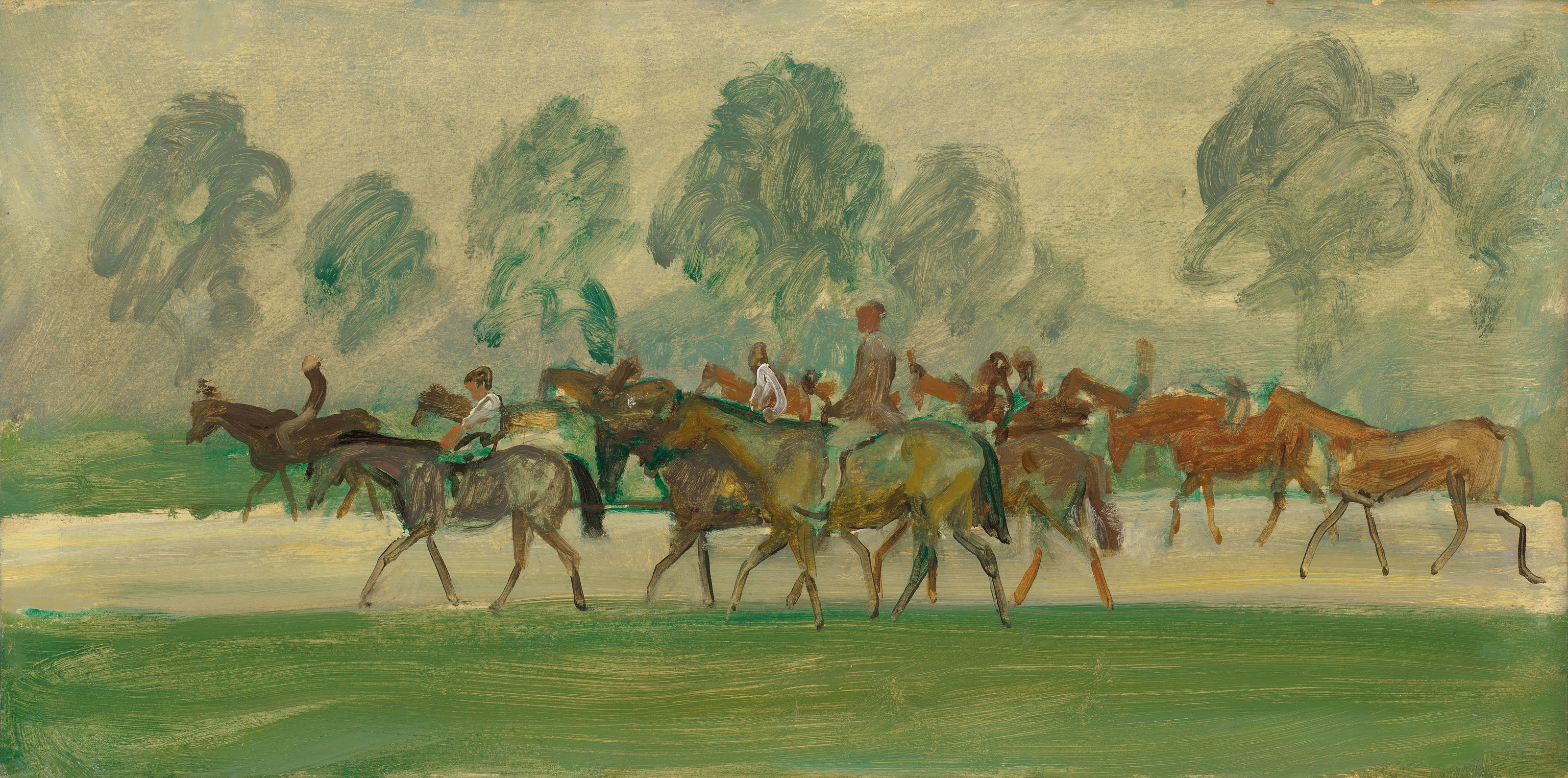 Alfred James Munnings — Лошади на прогулке на Уоррен-Хилл, Ньюмаркет, раннее утро
