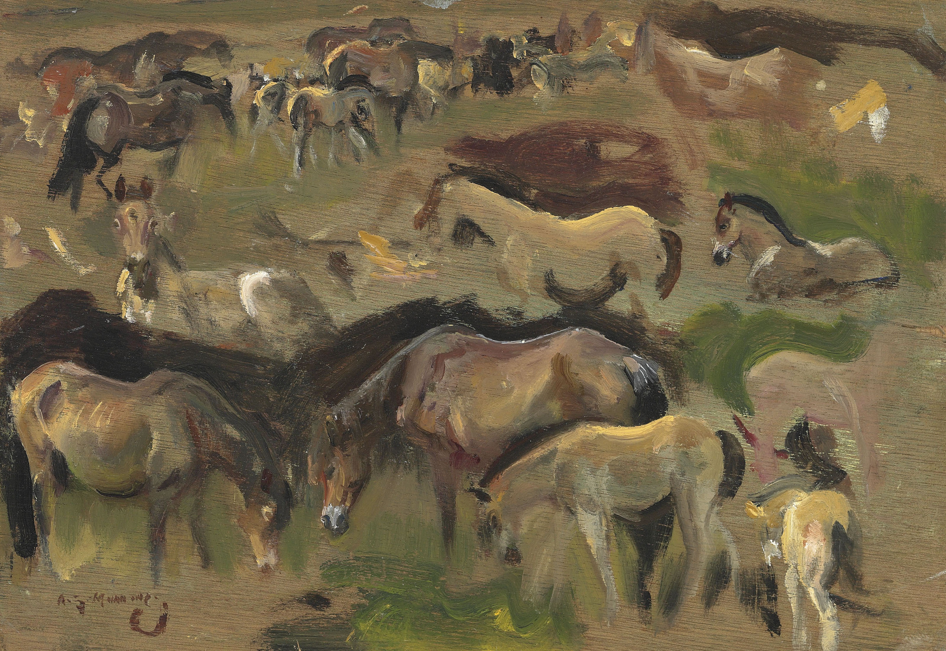 Alfred James Munnings — "Сильный ветер", Эксмур (справа); и "Этюды об эксмурских пони" (сзади), изображение 3
