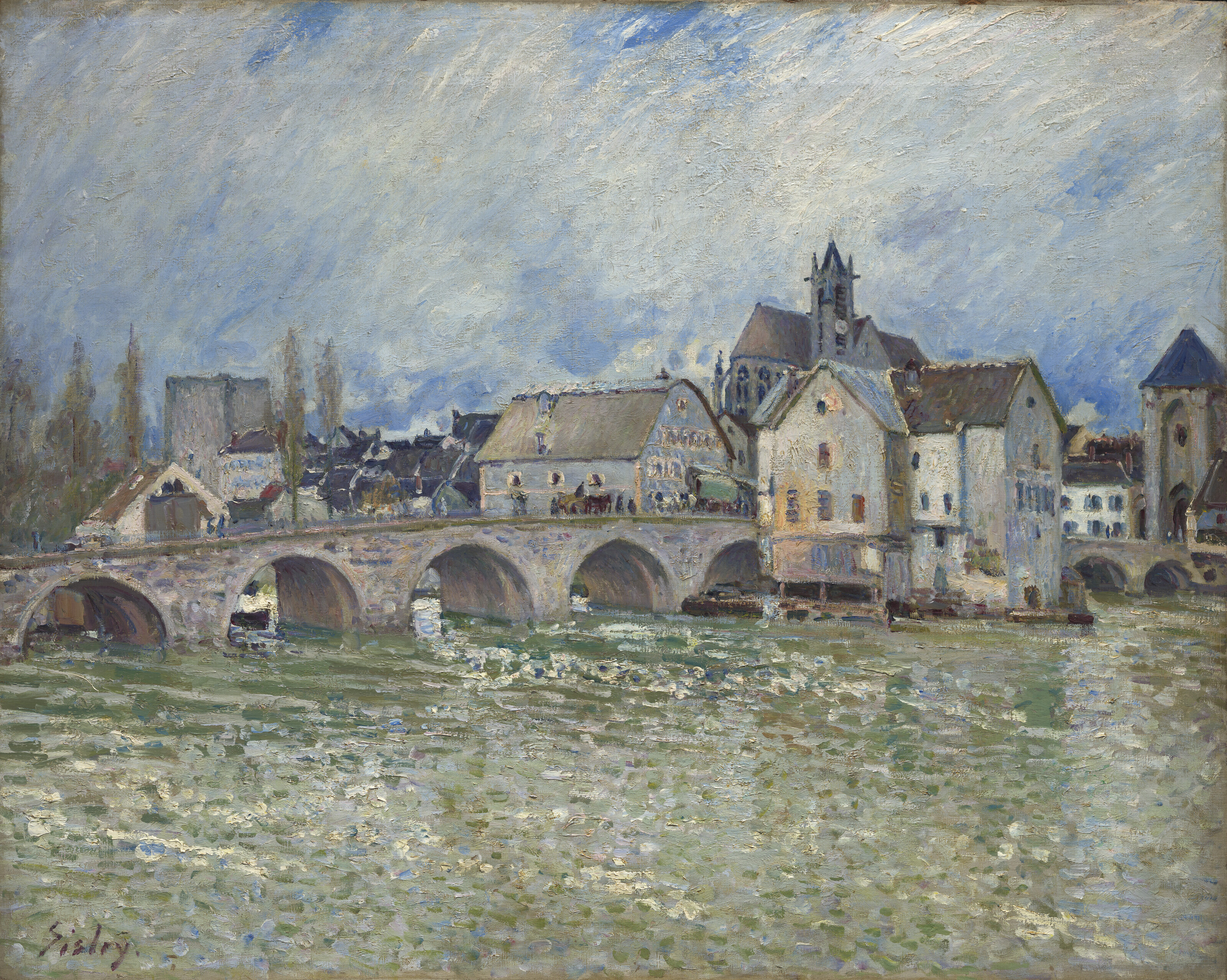 Alfred Sisley — Ле-Пон-де-Морэ-сюр-Луан, временный центр, изображение 1
