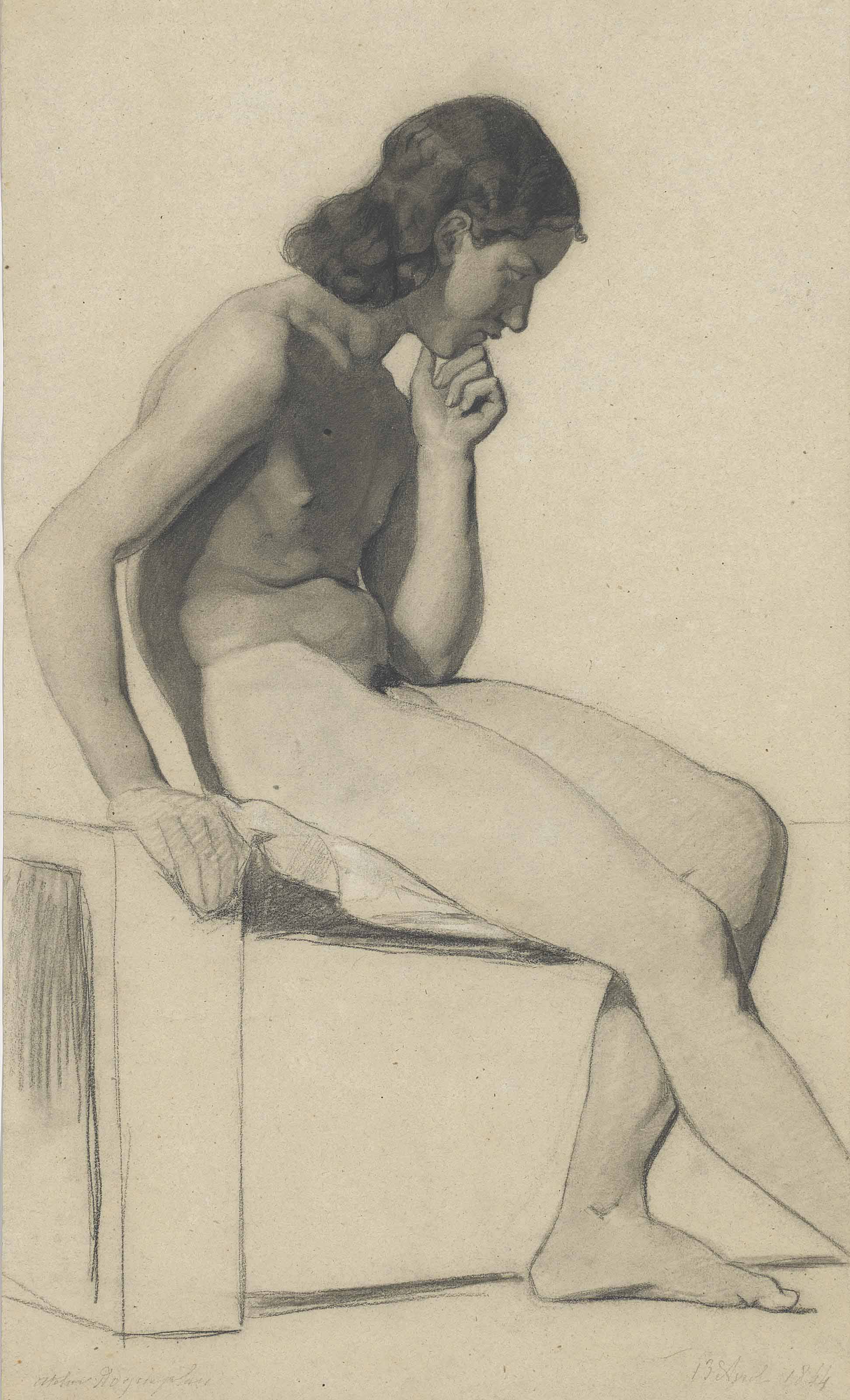 Alfred Stevens — Молодой обнаженный мужчина, сидящий в кресле; и обнаженный мужчина, держащий посох, вид сзади, с дополнительным изучением профиля