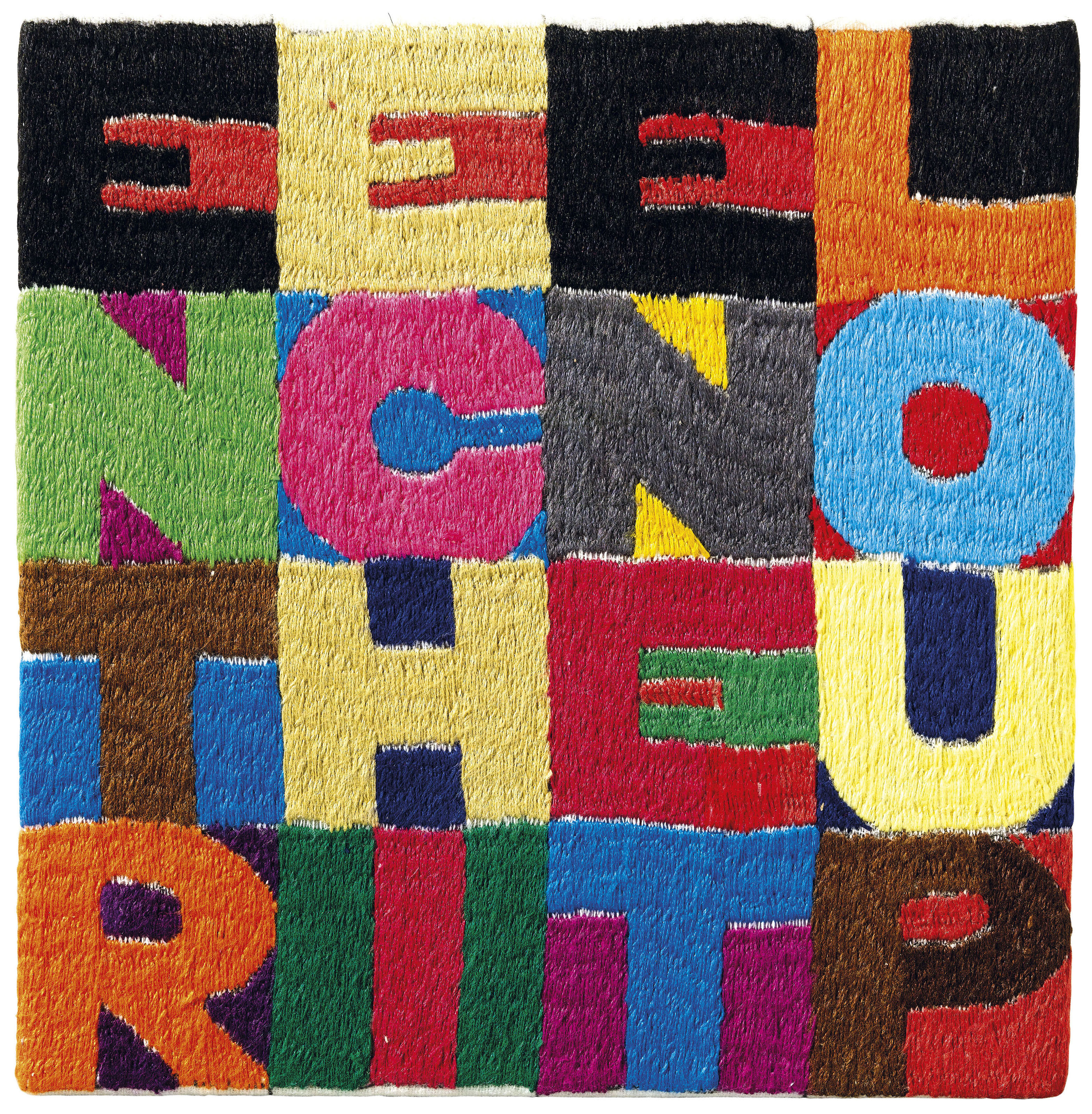 Alighiero Boetti — (i) "Тра иль сьело и ла терра", "тра иль терра иль сьело" (Между небом и Землей, между Землей и небом), дважды подписанная "Алигьеро и Боэтти" (внахлест), вышивка на канве размером 9 ¼ x 97/8 дюймов (24 x 25 см). Эта работа, выполненная около 1987 года, зарегистрирована в Архиве Алигьеро Боэтти в Риме под № 4896 и сопровождается сертификатом подлинности. (ii) Складывать и разворачивать вышивку на канве размером 9 ¼ х 9 ¼ дюйма. (23,5 х 23,5 см.) Эта работа, выполненная около 1990 года, зарегистрирована в Архиве Алигьеро Боэтти в Риме под номером 8569 и сопровождается сертификатом подлинности. (iii) Вышивка "Un pozzo senza fine" ("Бесконечный колодец") на холсте размером 9 3/8 x 9 3/8 дюйма (24 x 24 см), выполненная около 1981 г. Эта работа зарегистрирована в архиве Алигьеро Боэтти, Рим, под № 7222 и сопровождается сертификатом подлинности. (iv) "Быть на гребне волны" (Essere sulla cresta dell'onda) с подписью, датой и надписью "Алигьеро и боэтти ПЕШАВАР ОТ афганского НАРОДА, 1990" (на обороте) вышивка на канве размером 8 5/8 x 8 ¼ дюйма (22 x 21 см) Выполнена в 1990 году. зарегистрирован в Архиве Алигьеро Боэтти, Рим, под № 4893 и сопровождается сертификатом подлинности. (v) Изящная вышивка на холсте размером 6 ½ x 6 ½ дюйма (16,5 x 16,5 см). Эта работа, выполненная около 1987 года, зарегистрирована в Архиве Алигьеро Боэтти в Риме под № 8244 и сопровождается сертификатом подлинности. (vi) Вышивка в стиле брачча консерте (со скрещенными руками) на канве размером 6 7/8 x 6 7/8 дюймов (17,5 x 17,5 см). Эта работа, выполненная около 1993 года, зарегистрирована в Архиве Алигьеро Боэтти в Риме под № 7331 и сопровождается сертификатом подлинности. (vii) Вышивка "Между собакой и волком" на канве 7 х 6,7/8 дюймов (18 х 17,5 см). Эта работа, выполненная около 1994 года, зарегистрирована в Архиве Алигьеро Боэтти в Риме под номером 8570 и сопровождается сертификатом подлинности. (viii) Вышивка "Il tesoro nascosto" ("Спрятанное сокровище") на канве размером 6 7/8 x 7 дюймов (17,5 x 18 см). Эта работа, выполненная около 1994 года, зарегистрирована в Архиве Алигьеро Боэтти в Риме под номером 8572 и сопровождается сертификатом подлинности. (ix) Вышивка Talvolta sole talvolta luna (иногда Солнце, а иногда Луна) на канве размером 8 5/8 x 8 7/8 дюймов (22 x 22,5 см). Эта работа, выполненная около 1994 года, зарегистрирована в Архиве Алигьеро Боэтти в Риме под номером 8571 и сопровождается сертификатом подлинности., изображение 4