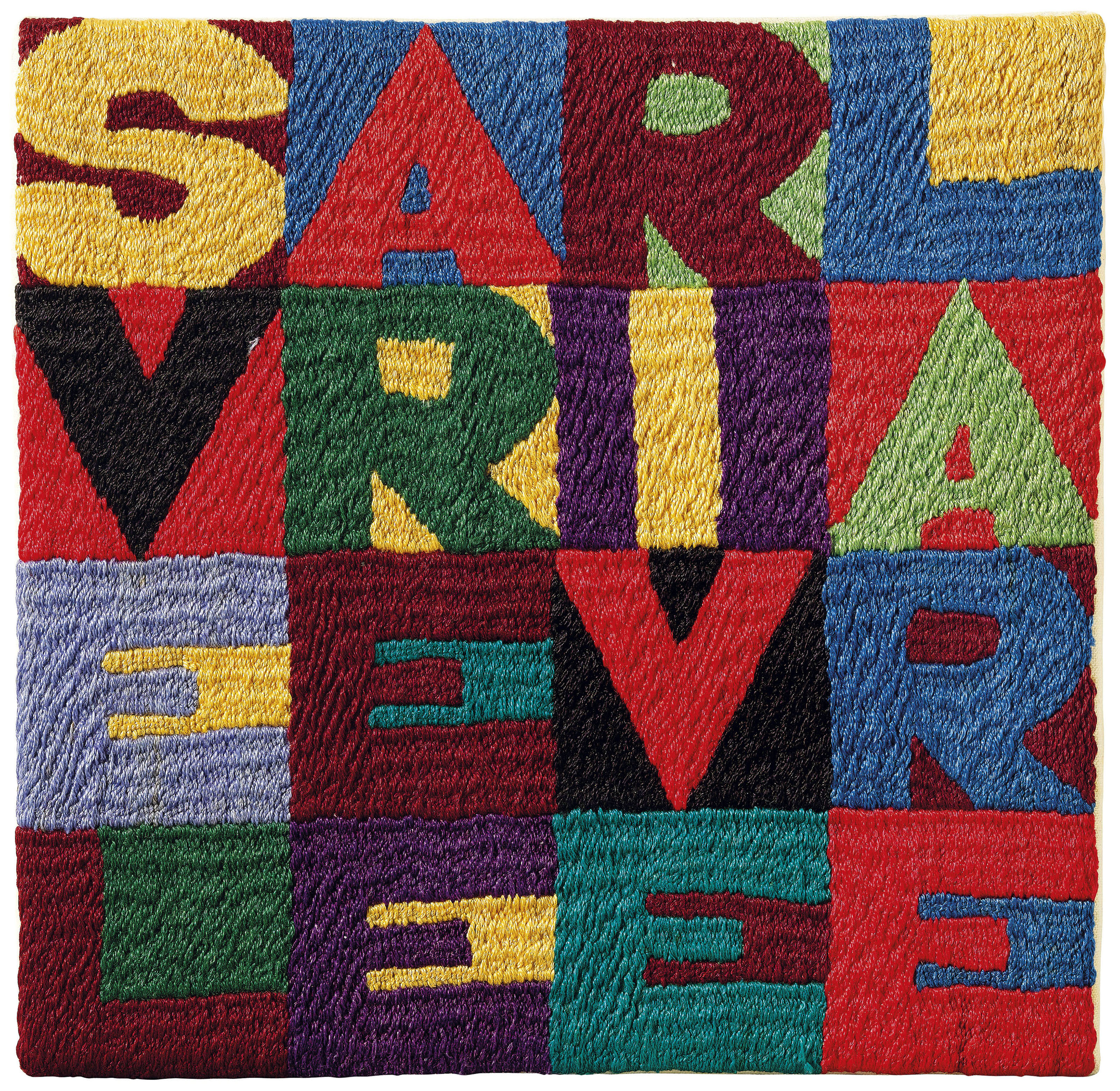 Alighiero Boetti — (i) "Тра иль сьело и ла терра", "тра иль терра иль сьело" (Между небом и Землей, между Землей и небом), дважды подписанная "Алигьеро и Боэтти" (внахлест), вышивка на канве размером 9 ¼ x 97/8 дюймов (24 x 25 см). Эта работа, выполненная около 1987 года, зарегистрирована в Архиве Алигьеро Боэтти в Риме под № 4896 и сопровождается сертификатом подлинности. (ii) Складывать и разворачивать вышивку на канве размером 9 ¼ х 9 ¼ дюйма. (23,5 х 23,5 см.) Эта работа, выполненная около 1990 года, зарегистрирована в Архиве Алигьеро Боэтти в Риме под номером 8569 и сопровождается сертификатом подлинности. (iii) Вышивка "Un pozzo senza fine" ("Бесконечный колодец") на холсте размером 9 3/8 x 9 3/8 дюйма (24 x 24 см), выполненная около 1981 г. Эта работа зарегистрирована в архиве Алигьеро Боэтти, Рим, под № 7222 и сопровождается сертификатом подлинности. (iv) "Быть на гребне волны" (Essere sulla cresta dell'onda) с подписью, датой и надписью "Алигьеро и боэтти ПЕШАВАР ОТ афганского НАРОДА, 1990" (на обороте) вышивка на канве размером 8 5/8 x 8 ¼ дюйма (22 x 21 см) Выполнена в 1990 году. зарегистрирован в Архиве Алигьеро Боэтти, Рим, под № 4893 и сопровождается сертификатом подлинности. (v) Изящная вышивка на холсте размером 6 ½ x 6 ½ дюйма (16,5 x 16,5 см). Эта работа, выполненная около 1987 года, зарегистрирована в Архиве Алигьеро Боэтти в Риме под № 8244 и сопровождается сертификатом подлинности. (vi) Вышивка в стиле брачча консерте (со скрещенными руками) на канве размером 6 7/8 x 6 7/8 дюймов (17,5 x 17,5 см). Эта работа, выполненная около 1993 года, зарегистрирована в Архиве Алигьеро Боэтти в Риме под № 7331 и сопровождается сертификатом подлинности. (vii) Вышивка "Между собакой и волком" на канве 7 х 6,7/8 дюймов (18 х 17,5 см). Эта работа, выполненная около 1994 года, зарегистрирована в Архиве Алигьеро Боэтти в Риме под номером 8570 и сопровождается сертификатом подлинности. (viii) Вышивка "Il tesoro nascosto" ("Спрятанное сокровище") на канве размером 6 7/8 x 7 дюймов (17,5 x 18 см). Эта работа, выполненная около 1994 года, зарегистрирована в Архиве Алигьеро Боэтти в Риме под номером 8572 и сопровождается сертификатом подлинности. (ix) Вышивка Talvolta sole talvolta luna (иногда Солнце, а иногда Луна) на канве размером 8 5/8 x 8 7/8 дюймов (22 x 22,5 см). Эта работа, выполненная около 1994 года, зарегистрирована в Архиве Алигьеро Боэтти в Риме под номером 8571 и сопровождается сертификатом подлинности., изображение 6