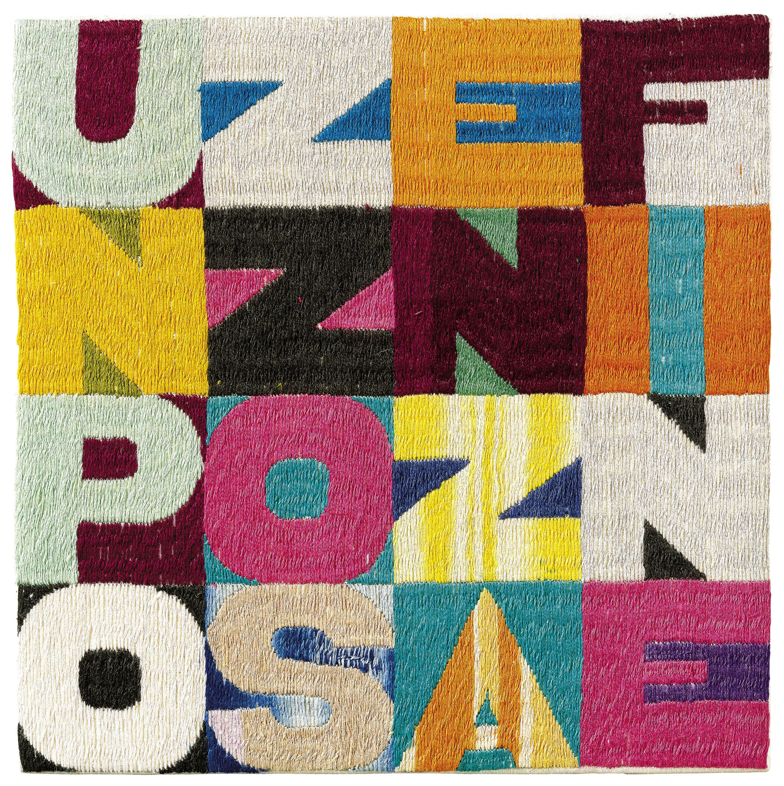 Alighiero Boetti — (i) "Тра иль сьело и ла терра", "тра иль терра иль сьело" (Между небом и Землей, между Землей и небом), дважды подписанная "Алигьеро и Боэтти" (внахлест), вышивка на канве размером 9 ¼ x 97/8 дюймов (24 x 25 см). Эта работа, выполненная около 1987 года, зарегистрирована в Архиве Алигьеро Боэтти в Риме под № 4896 и сопровождается сертификатом подлинности. (ii) Складывать и разворачивать вышивку на канве размером 9 ¼ х 9 ¼ дюйма. (23,5 х 23,5 см.) Эта работа, выполненная около 1990 года, зарегистрирована в Архиве Алигьеро Боэтти в Риме под номером 8569 и сопровождается сертификатом подлинности. (iii) Вышивка "Un pozzo senza fine" ("Бесконечный колодец") на холсте размером 9 3/8 x 9 3/8 дюйма (24 x 24 см), выполненная около 1981 г. Эта работа зарегистрирована в архиве Алигьеро Боэтти, Рим, под № 7222 и сопровождается сертификатом подлинности. (iv) "Быть на гребне волны" (Essere sulla cresta dell'onda) с подписью, датой и надписью "Алигьеро и боэтти ПЕШАВАР ОТ афганского НАРОДА, 1990" (на обороте) вышивка на канве размером 8 5/8 x 8 ¼ дюйма (22 x 21 см) Выполнена в 1990 году. зарегистрирован в Архиве Алигьеро Боэтти, Рим, под № 4893 и сопровождается сертификатом подлинности. (v) Изящная вышивка на холсте размером 6 ½ x 6 ½ дюйма (16,5 x 16,5 см). Эта работа, выполненная около 1987 года, зарегистрирована в Архиве Алигьеро Боэтти в Риме под № 8244 и сопровождается сертификатом подлинности. (vi) Вышивка в стиле брачча консерте (со скрещенными руками) на канве размером 6 7/8 x 6 7/8 дюймов (17,5 x 17,5 см). Эта работа, выполненная около 1993 года, зарегистрирована в Архиве Алигьеро Боэтти в Риме под № 7331 и сопровождается сертификатом подлинности. (vii) Вышивка "Между собакой и волком" на канве 7 х 6,7/8 дюймов (18 х 17,5 см). Эта работа, выполненная около 1994 года, зарегистрирована в Архиве Алигьеро Боэтти в Риме под номером 8570 и сопровождается сертификатом подлинности. (viii) Вышивка "Il tesoro nascosto" ("Спрятанное сокровище") на канве размером 6 7/8 x 7 дюймов (17,5 x 18 см). Эта работа, выполненная около 1994 года, зарегистрирована в Архиве Алигьеро Боэтти в Риме под номером 8572 и сопровождается сертификатом подлинности. (ix) Вышивка Talvolta sole talvolta luna (иногда Солнце, а иногда Луна) на канве размером 8 5/8 x 8 7/8 дюймов (22 x 22,5 см). Эта работа, выполненная около 1994 года, зарегистрирована в Архиве Алигьеро Боэтти в Риме под номером 8571 и сопровождается сертификатом подлинности., изображение 8