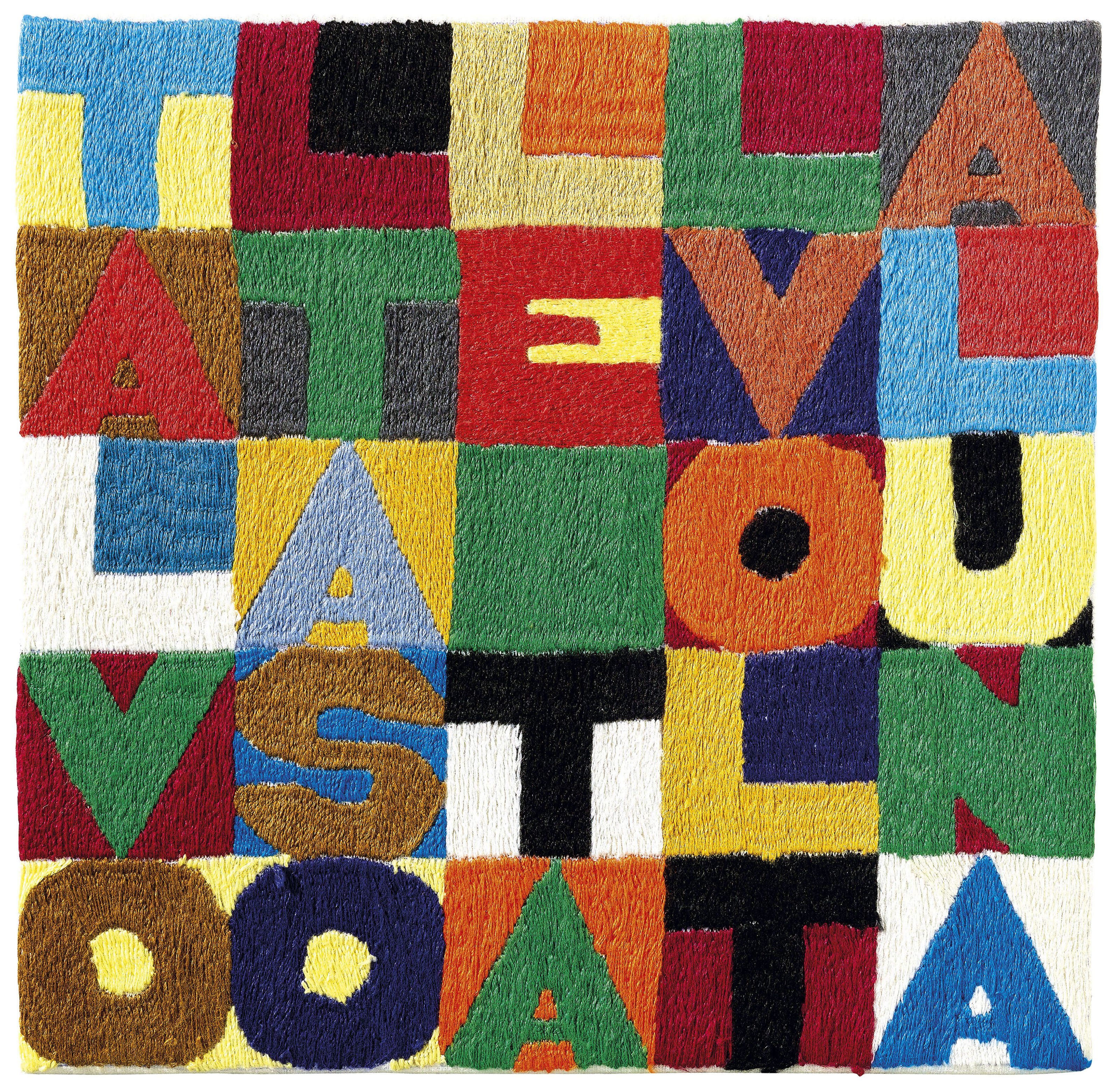 Alighiero Boetti — (i) "Тра иль сьело и ла терра", "тра иль терра иль сьело" (Между небом и Землей, между Землей и небом), дважды подписанная "Алигьеро и Боэтти" (внахлест), вышивка на канве размером 9 ¼ x 97/8 дюймов (24 x 25 см). Эта работа, выполненная около 1987 года, зарегистрирована в Архиве Алигьеро Боэтти в Риме под № 4896 и сопровождается сертификатом подлинности. (ii) Складывать и разворачивать вышивку на канве размером 9 ¼ х 9 ¼ дюйма. (23,5 х 23,5 см.) Эта работа, выполненная около 1990 года, зарегистрирована в Архиве Алигьеро Боэтти в Риме под номером 8569 и сопровождается сертификатом подлинности. (iii) Вышивка "Un pozzo senza fine" ("Бесконечный колодец") на холсте размером 9 3/8 x 9 3/8 дюйма (24 x 24 см), выполненная около 1981 г. Эта работа зарегистрирована в архиве Алигьеро Боэтти, Рим, под № 7222 и сопровождается сертификатом подлинности. (iv) "Быть на гребне волны" (Essere sulla cresta dell'onda) с подписью, датой и надписью "Алигьеро и боэтти ПЕШАВАР ОТ афганского НАРОДА, 1990" (на обороте) вышивка на канве размером 8 5/8 x 8 ¼ дюйма (22 x 21 см) Выполнена в 1990 году. зарегистрирован в Архиве Алигьеро Боэтти, Рим, под № 4893 и сопровождается сертификатом подлинности. (v) Изящная вышивка на холсте размером 6 ½ x 6 ½ дюйма (16,5 x 16,5 см). Эта работа, выполненная около 1987 года, зарегистрирована в Архиве Алигьеро Боэтти в Риме под № 8244 и сопровождается сертификатом подлинности. (vi) Вышивка в стиле брачча консерте (со скрещенными руками) на канве размером 6 7/8 x 6 7/8 дюймов (17,5 x 17,5 см). Эта работа, выполненная около 1993 года, зарегистрирована в Архиве Алигьеро Боэтти в Риме под № 7331 и сопровождается сертификатом подлинности. (vii) Вышивка "Между собакой и волком" на канве 7 х 6,7/8 дюймов (18 х 17,5 см). Эта работа, выполненная около 1994 года, зарегистрирована в Архиве Алигьеро Боэтти в Риме под номером 8570 и сопровождается сертификатом подлинности. (viii) Вышивка "Il tesoro nascosto" ("Спрятанное сокровище") на канве размером 6 7/8 x 7 дюймов (17,5 x 18 см). Эта работа, выполненная около 1994 года, зарегистрирована в Архиве Алигьеро Боэтти в Риме под номером 8572 и сопровождается сертификатом подлинности. (ix) Вышивка Talvolta sole talvolta luna (иногда Солнце, а иногда Луна) на канве размером 8 5/8 x 8 7/8 дюймов (22 x 22,5 см). Эта работа, выполненная около 1994 года, зарегистрирована в Архиве Алигьеро Боэтти в Риме под номером 8571 и сопровождается сертификатом подлинности., изображение 10