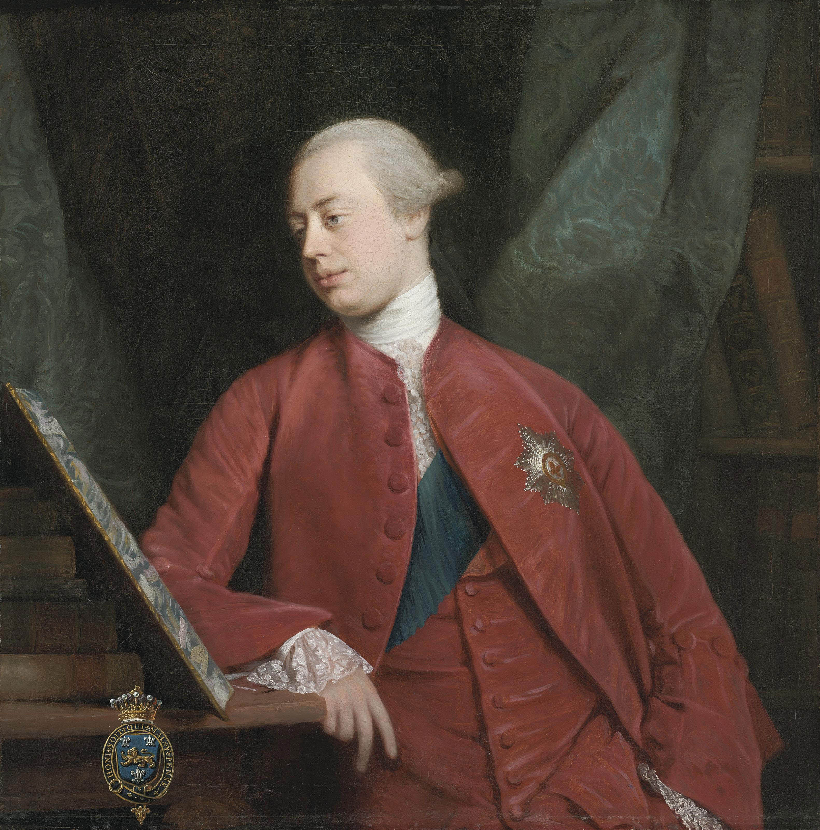Allan Ramsay — Портрет Фредерика, лорда Норта К.Г., впоследствии 2-го графа Гилфорда (1732-1792), в полный рост, в красном камзоле и жилете, с поясом и звездой ордена Подвязки, на фоне задернутого занавеса.