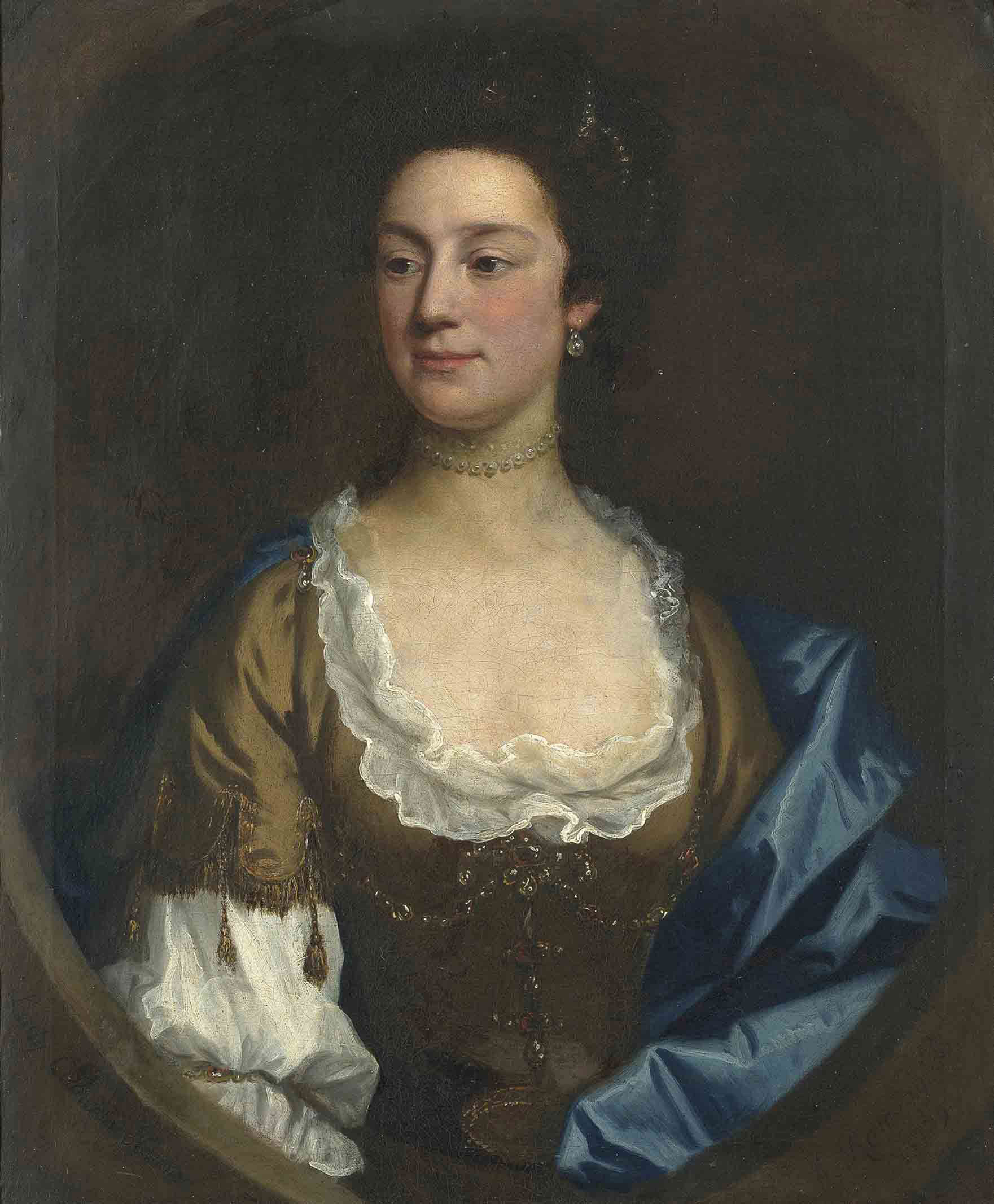 Allan Ramsay — Портрет леди Кэтрин Хенмер, во весь рост, в коричневом платье с декольте и шали, с жемчужным ожерельем, в искусственном овальном