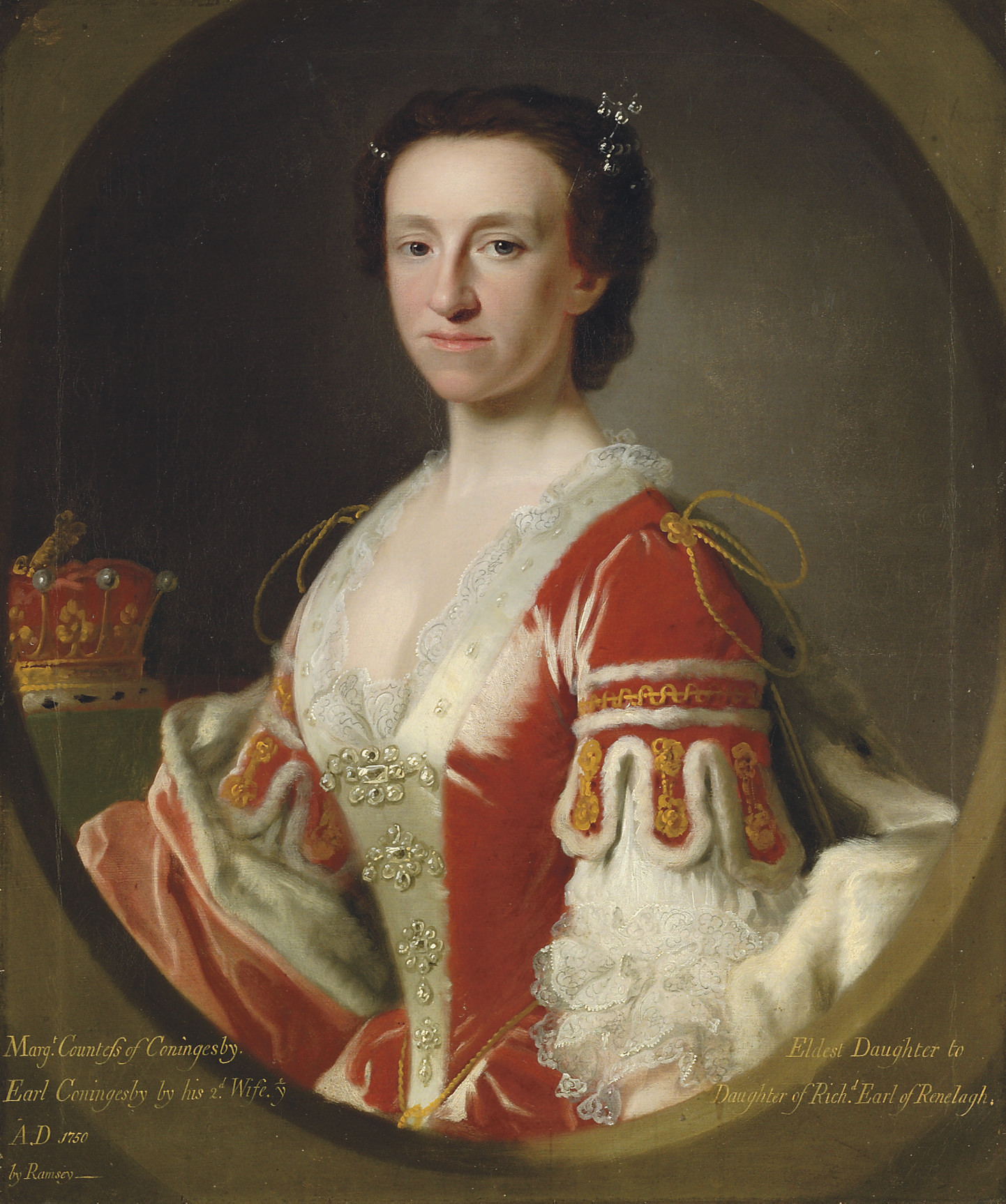 Allan Ramsay — Портрет Маргарет, графини Конингсби (ум. в 1761 году), в полный рост, в мантии, с короной на столе позади, в искусственном овале