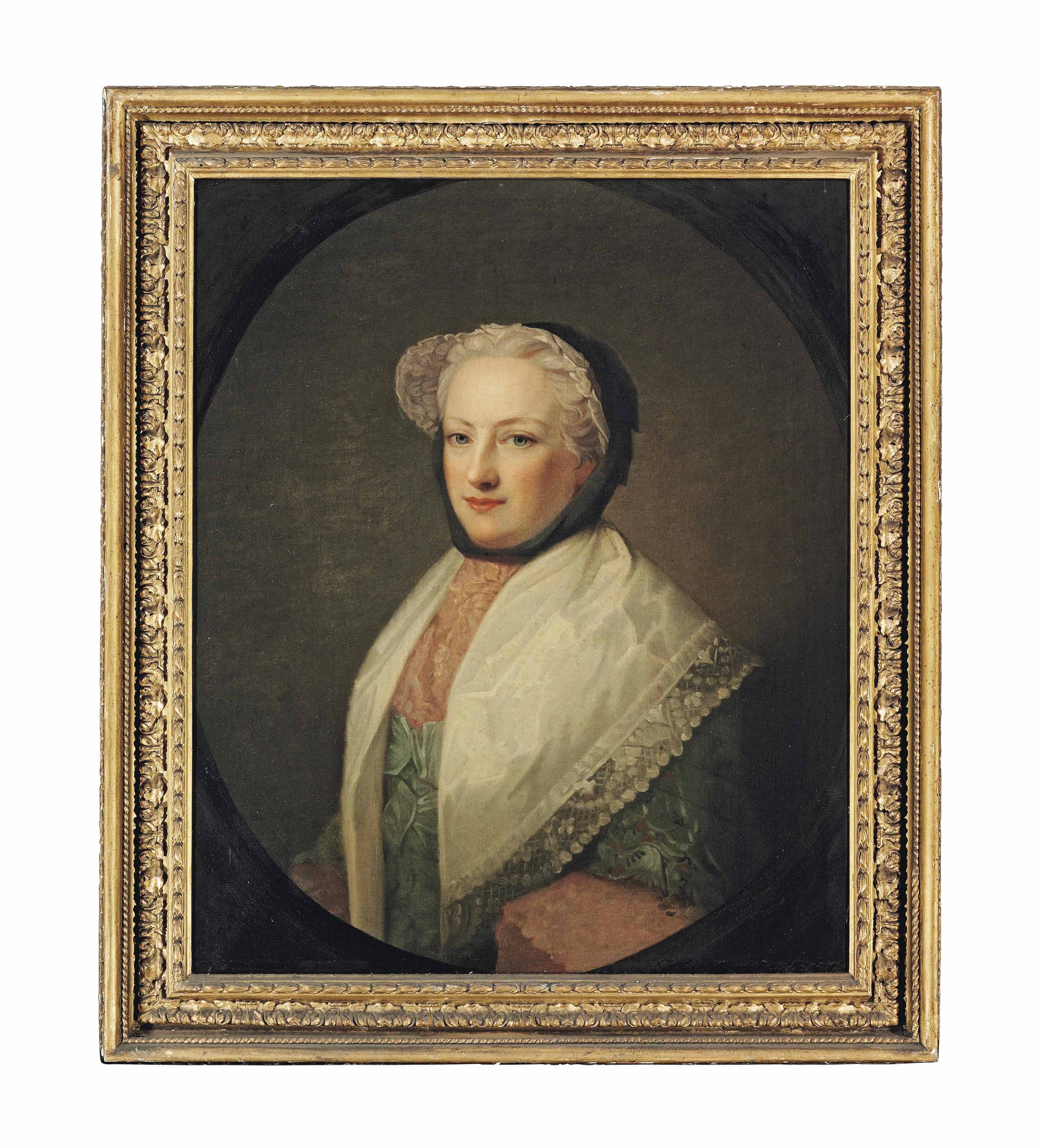 Allan Ramsay — Портрет Анны Дрелинкорт, леди Примроуз (ок.1709-1775), в полный рост, в зеленом платье с кружевной шалью и черной шляпке, в искусственном овальном обрамлении.