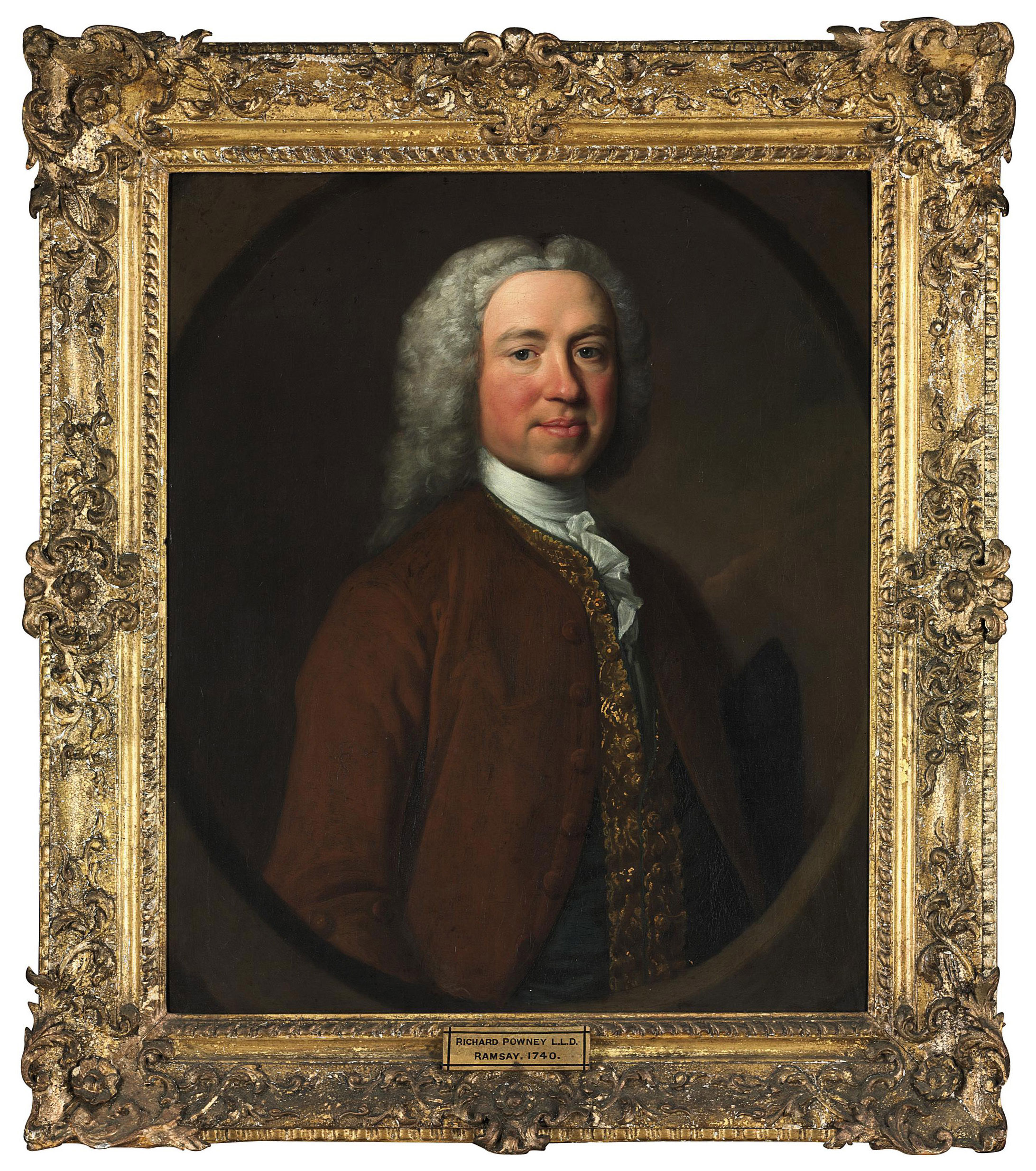 Allan Ramsay — Портрет Ричарда Пауни, д.к.л. (1702 г. до н. э.), в полный рост, в коричневом сюртуке, жилете с золотым шитьем и белом шарфе, с треуголкой под мышкой, в скульптурном картуше.