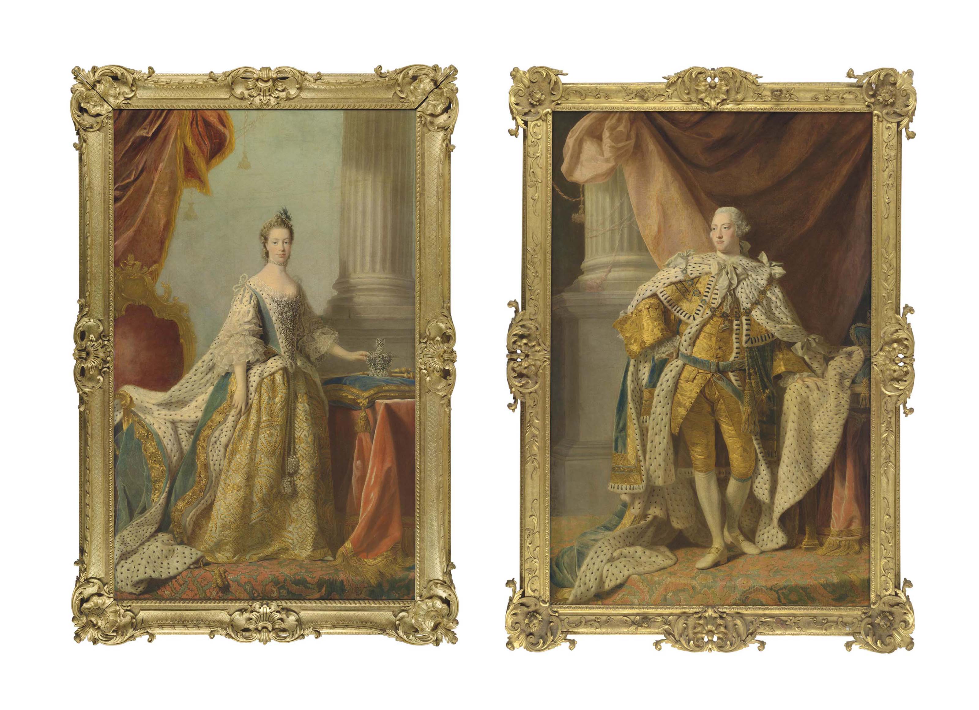 Allan Ramsay — Портрет короля Георга III (1738-1820) в полный рост в коронационном облачении, его корона лежит на подушке на столе рядом с ним; и портрет королевы Шарлотты (1744-1818) в полный рост в коронационном облачении
