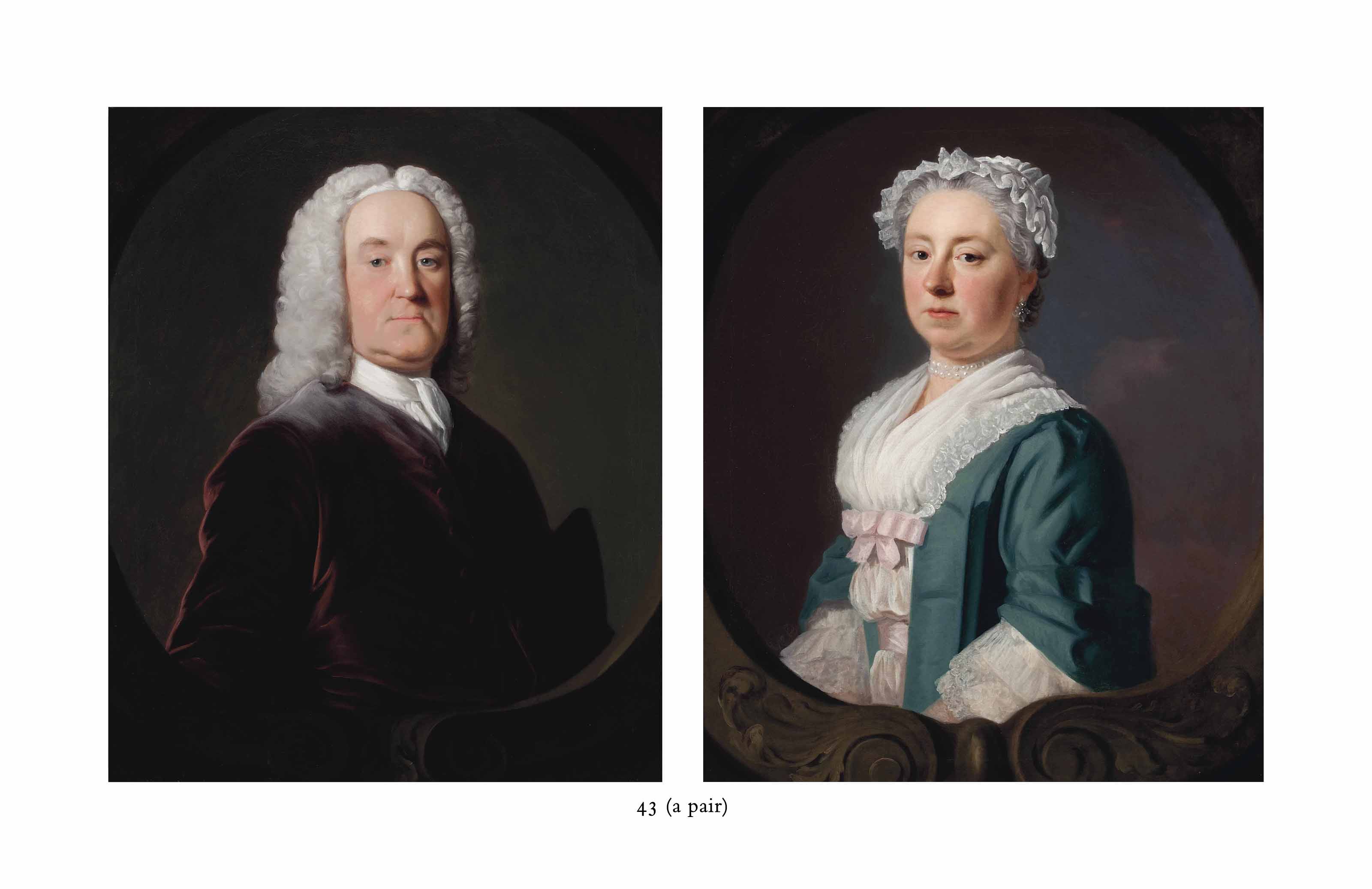 Allan Ramsay — Портрет Эдварда Медли из Кониборо, в полный рост, в лиловом пальто и белом шейном платке, в скульптурном овале; и портрет Сары Медли, урожденной Уорд, в полный рост, в белом платье с розовой лентой и бирюзовом пальто, с жемчужным колье-чокере, в скульптурном овале. овальный