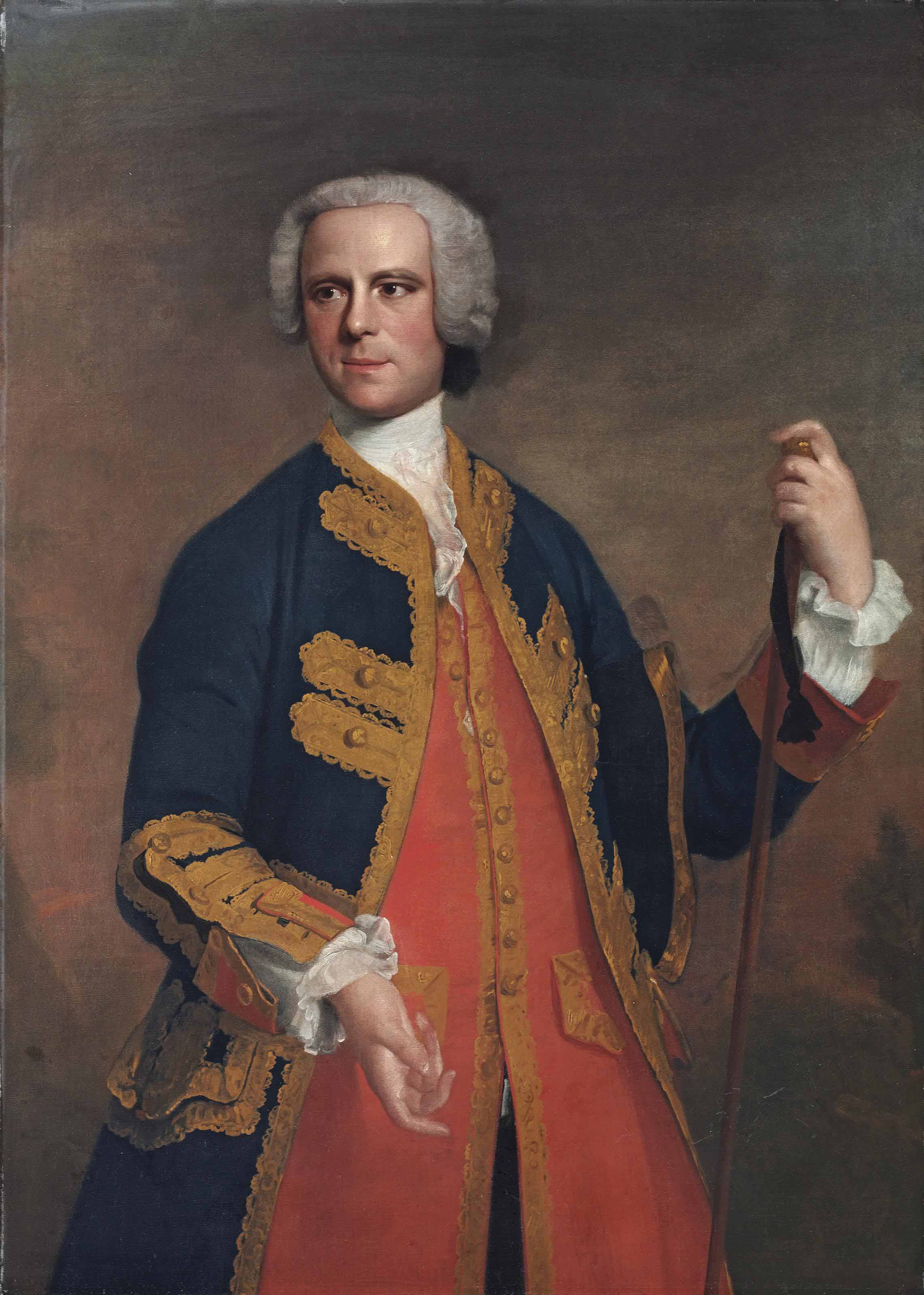 Allan Ramsay — Портрет джентльмена в три четверти роста, в расшитом золотом синем сюртуке и красном жилете, с тростью