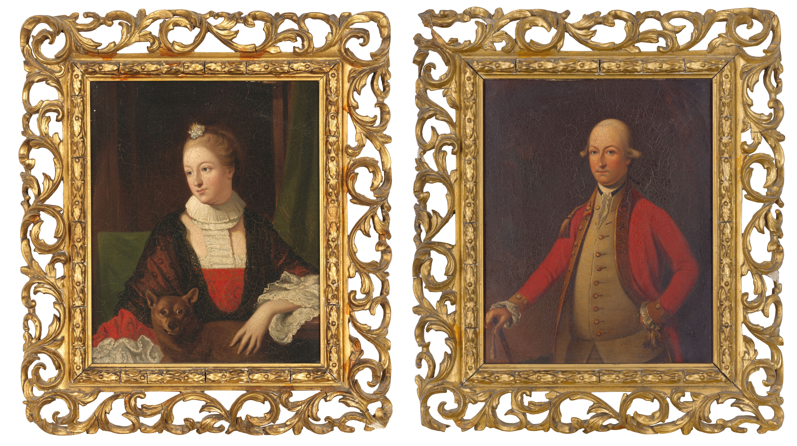 Allan Ramsay — Портрет леди Луизы Леннокс (1739-1830), маленький, в три четверти длины, в красном платье и черной кружевной шали, с собакой; и портрет лорда Джорджа Леннокса (1737-1805), маленький, в три четверти длины, в красном жакете.