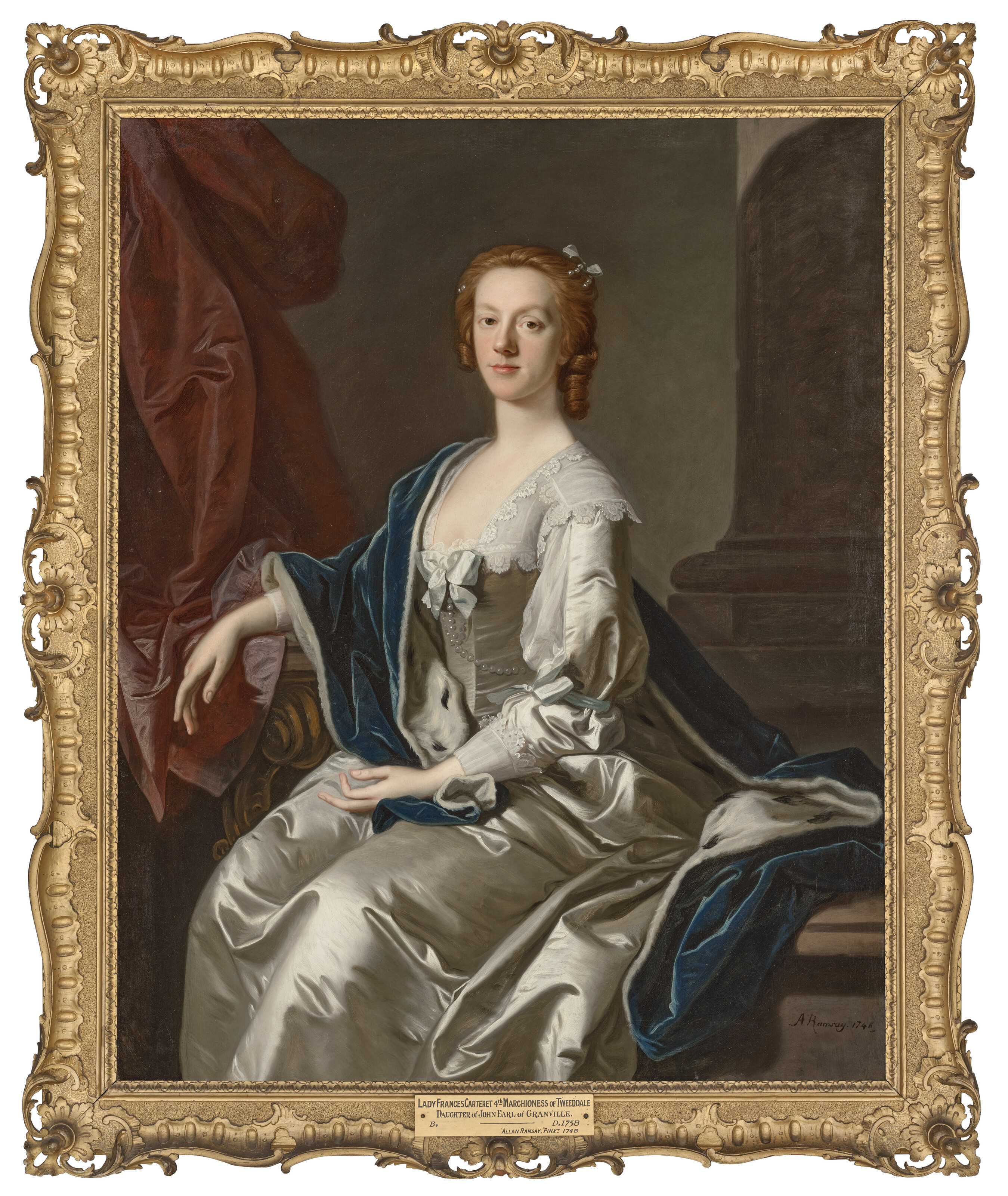Allan Ramsay — Портрет леди Фрэнсис Картерет, впоследствии маркизы Твиддейл (1718-1788), рост три четверти, в серебристом платье с голубой накидкой, отороченной горностаем