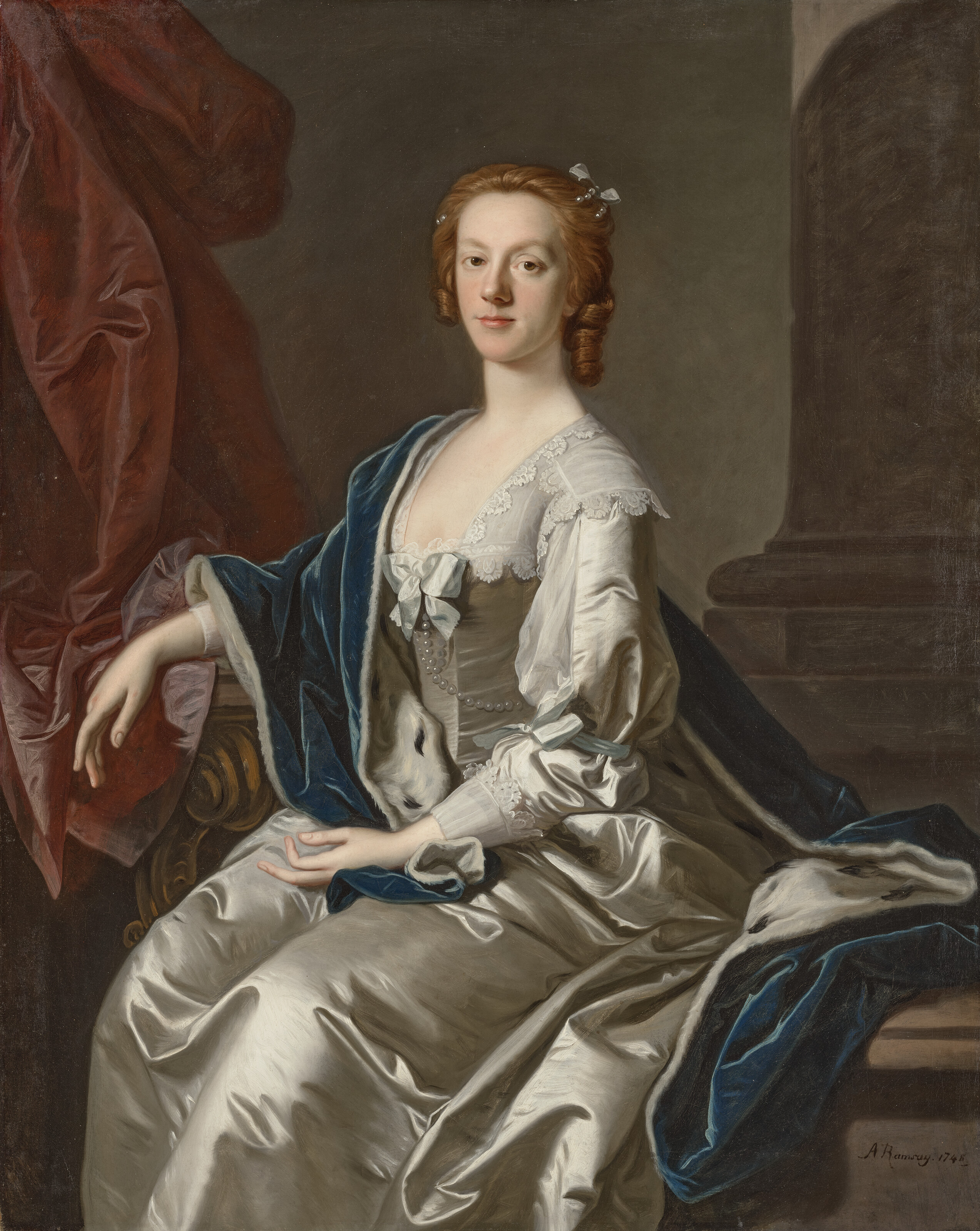 Allan Ramsay — Портрет леди Фрэнсис Картерет, впоследствии маркизы Твиддейл (1718-1788), рост три четверти, в серебристом платье с голубой накидкой, отороченной горностаем, изображение 2