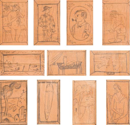 Amedeo Modigliani — Одиннадцать рисунков на спичечных коробках: 1) В честь Пьера-Огюста Ренуара, "Женщина в туалете" 2) В честь Пабло Пикассо, "Арлекин" 3) В честь Пабло Пикассо, "Мертвая природа" 4) В честь Пабло Пикассо, "Автопортрет" 5) В честь Пьера-Огюста Ренуара, "Женщина, которая любит женщин" 6) В честь Феликса Зьема, "День рождения" Венеция 7) В честь Амедео Модильяни, "Тет-а-тет" 8) В честь Андре Дерена, "Свадьба на Эстакаде" 9) В честь Андре Дерена, "Мертвая природа" 10) В честь Андре Дерена, "Свадьба в миди" 11) В честь Амедео Модильяни, "Женская помощь"