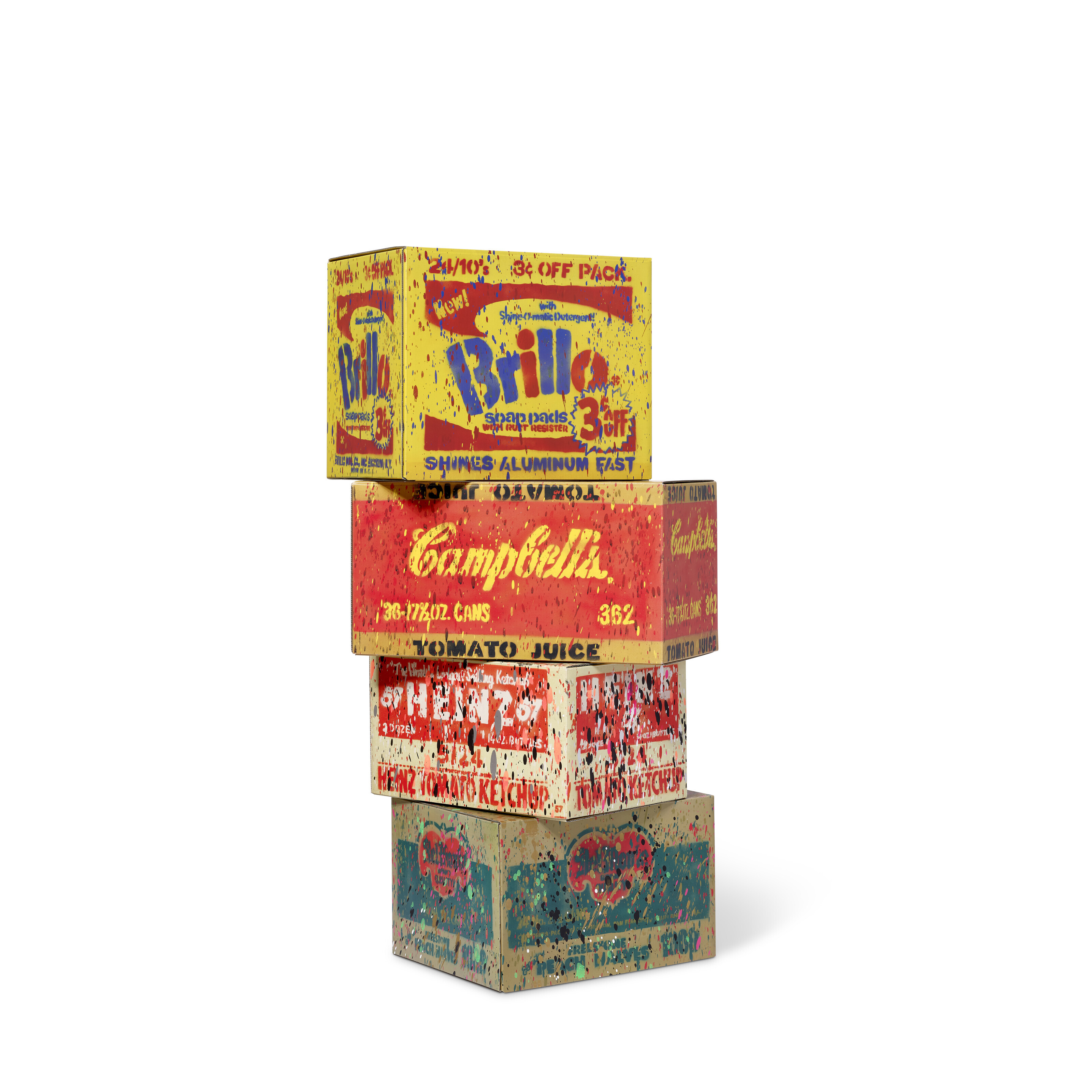 Andy Warhol — i. Коробка Brillo (со скидкой 3 цента) ВТОРАЯ -по мотивам Энди Уорхола; ii. Коробка томатного сока Campbell's (по мотивам Энди Уорхола); iii. Коробка томатного кетчупа Heinze (по мотивам Энди Уорхола); и iv. Коробка Del Monte (половинки персика) II-P (напыленный акрилом) (комплект из четырех штук)