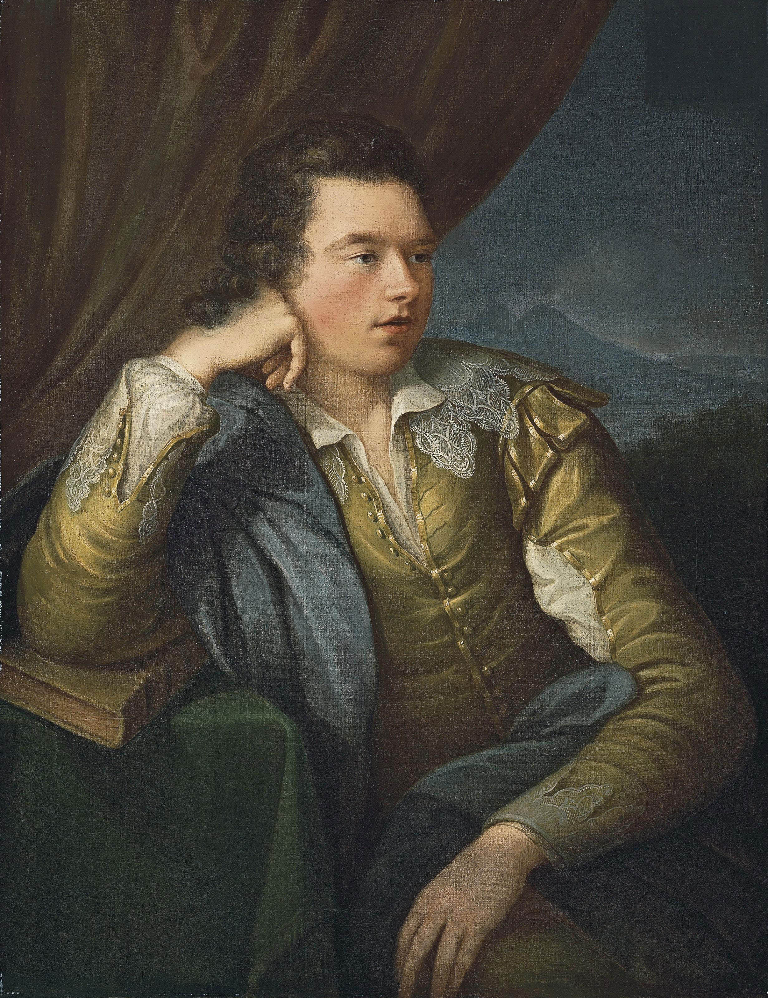 Angelica Kauffmann — Портрет Джона Кэмпбелла, 4-го графа и 1-го маркиза Бредалбейна (1762-1834), в три четверти роста, в желтом пиджаке с кружевным воротником и манжетами, правая рука покоится на книге, за окном горный пейзаж.