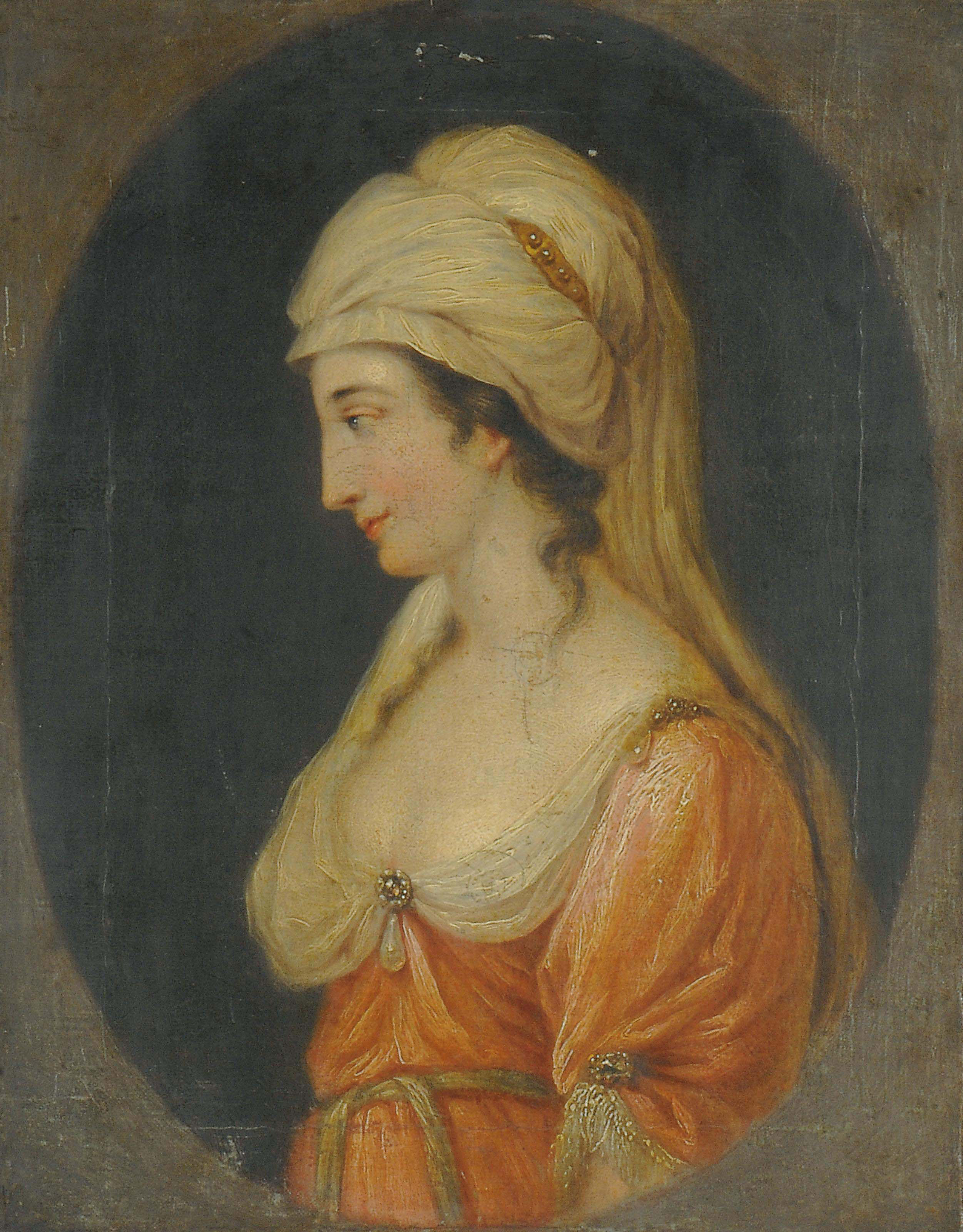 Angelica Kauffmann — Портрет дамы, небольшого роста, в профиль, в розовом платье с белой сорочкой и белом тюрбане, в искусственном овале