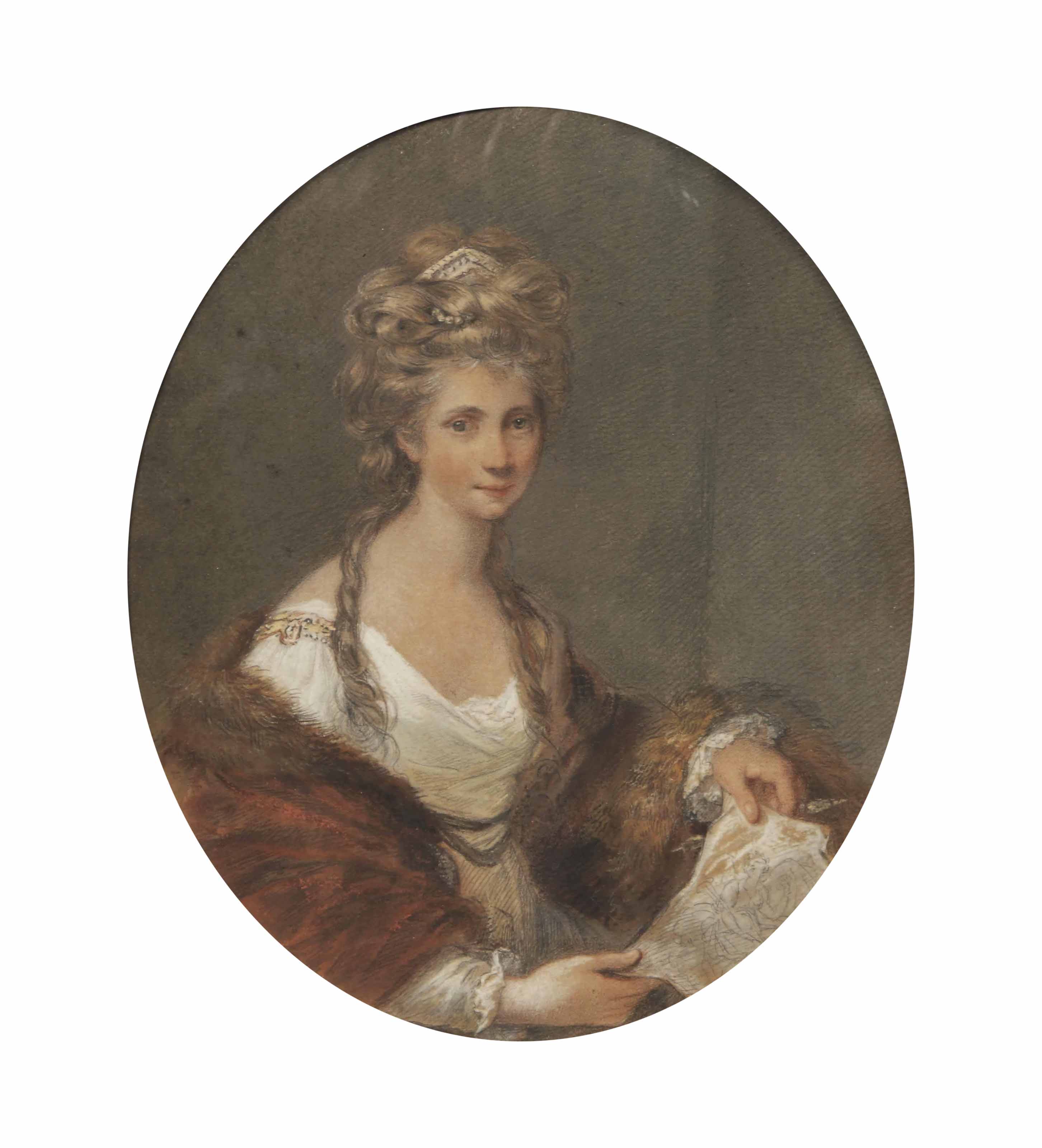 Angelica Kauffmann — Портрет Анжелики Кауфман, в полный рост, в белом платье и красной накидке, подбитой мехом, с эскизом в руках.