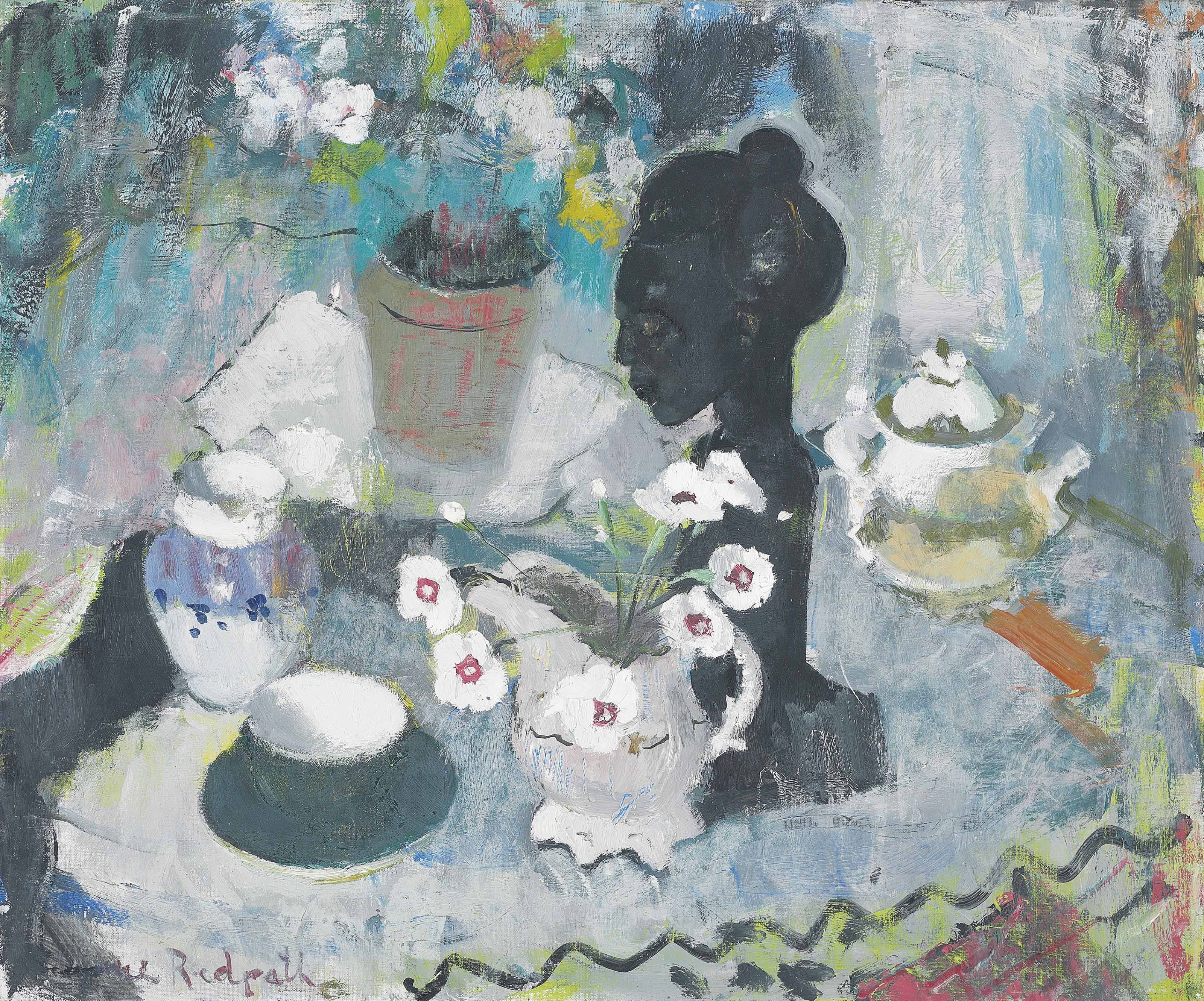 Anne Redpath — Гвоздики в кувшине с сахарницей и чайными чашками