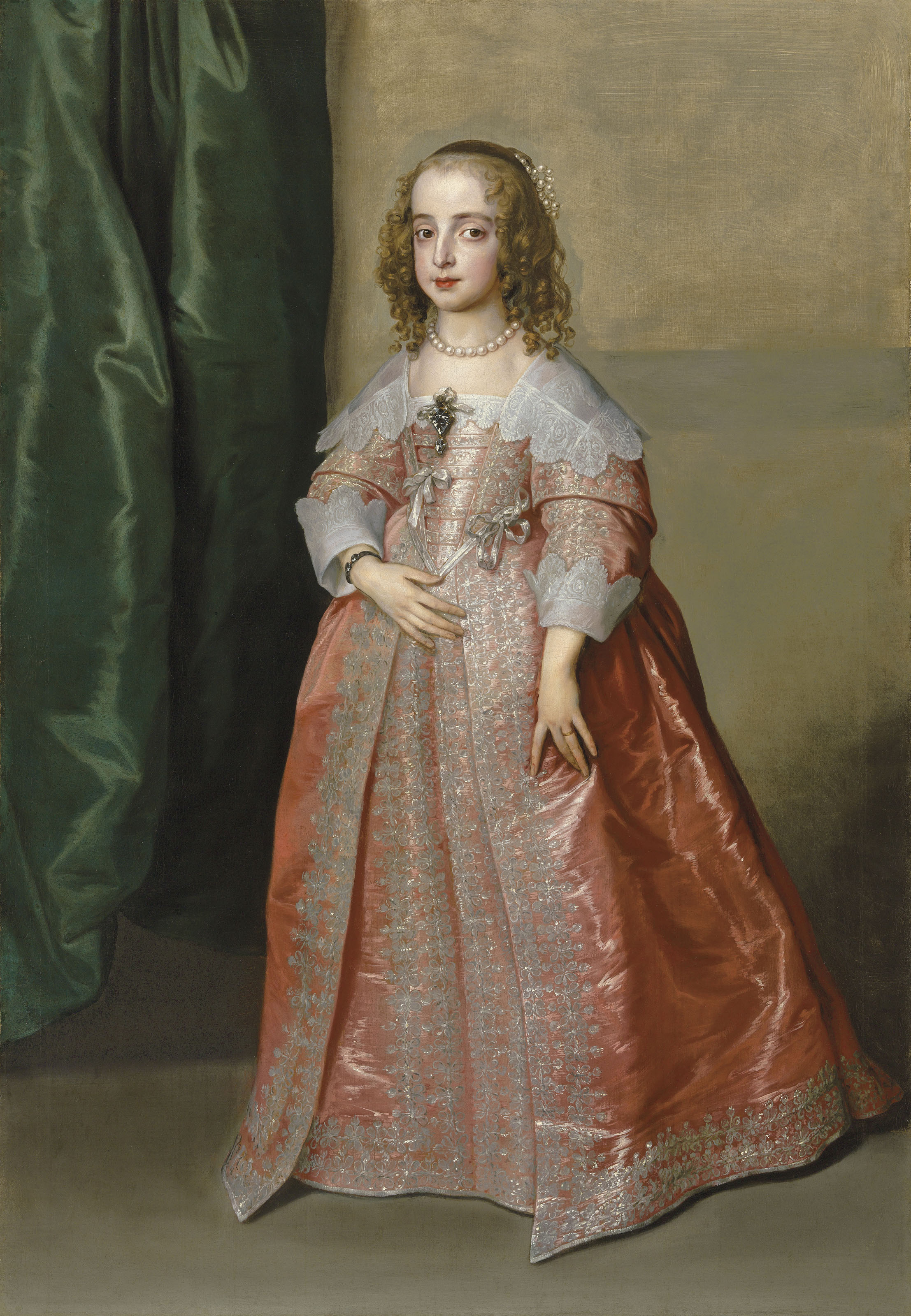 Anthony van Dyck — Портрет принцессы Марии (1631-1660), дочери английского короля Карла I, в полный рост, в розовом платье, украшенном серебряной вышивкой и лентами