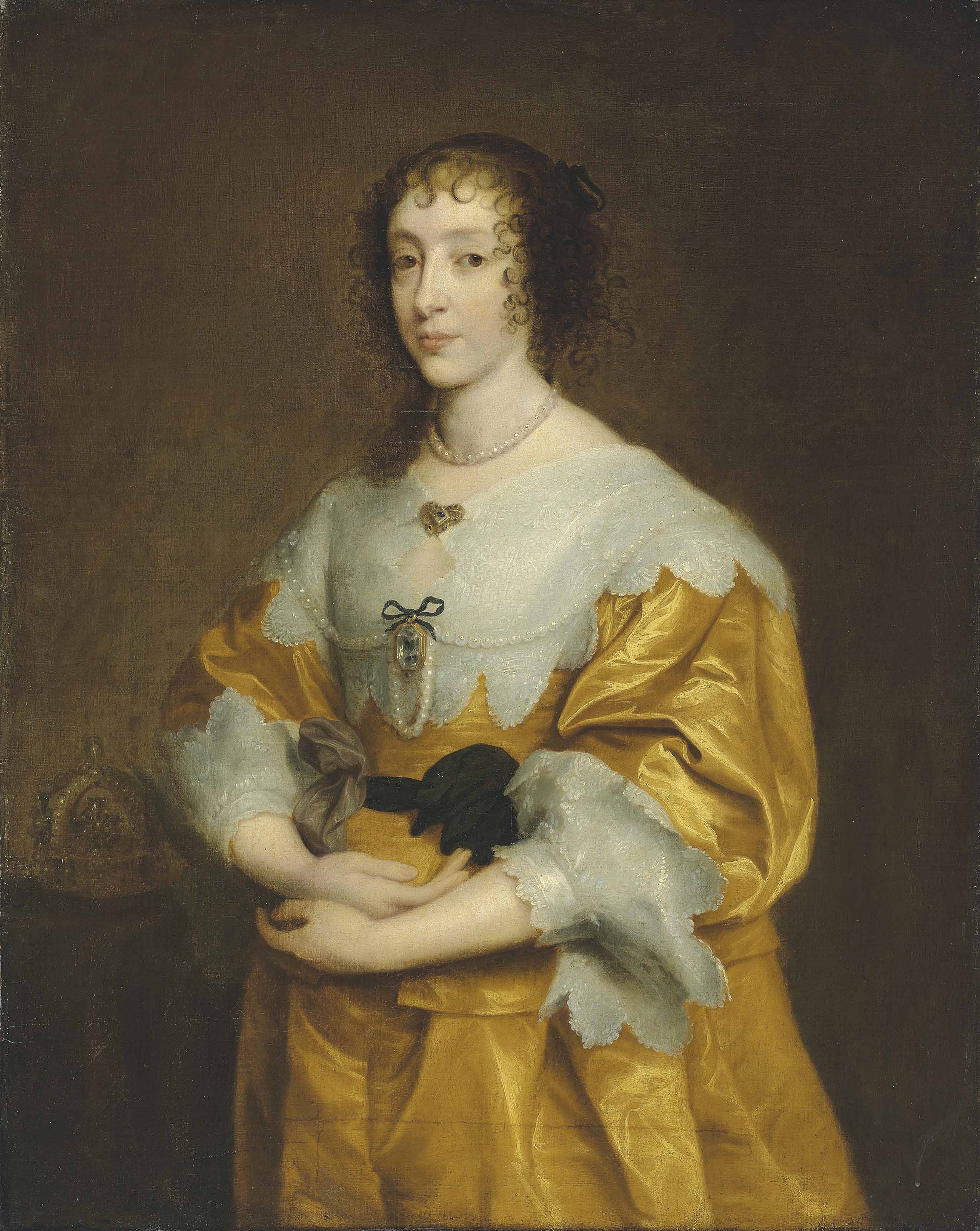 Anthony van Dyck — Портрет королевы Генриетты Марии (1609-1669), рост в три четверти, в золотистом атласном платье с кружевным воротником и манжетами