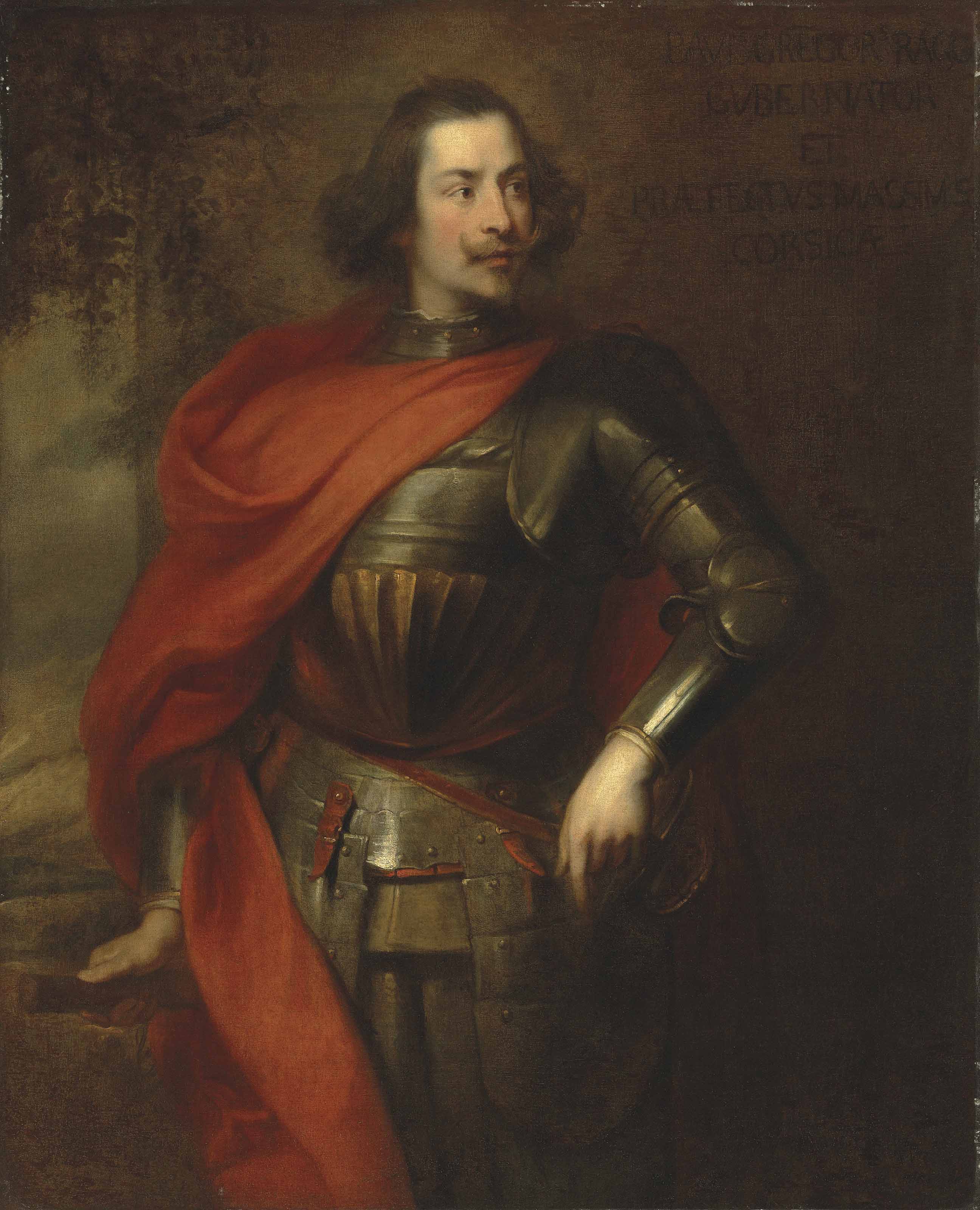 Anthony van Dyck — Портрет Паоло Грегорио Раджи в три четверти роста, в доспехах и красном плаще, левая рука покоится на рукояти меча, за окном лесистый пейзаж.