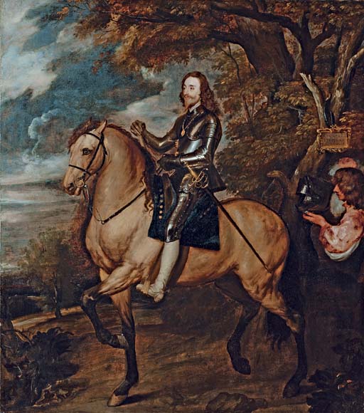 Anthony van Dyck — Конный портрет короля Карла I, в полный рост, в доспехах, на буром коне, с жезлом в правой руке, с орденом Подвязки, сопровождаемый конюшим, несущим его шлем.