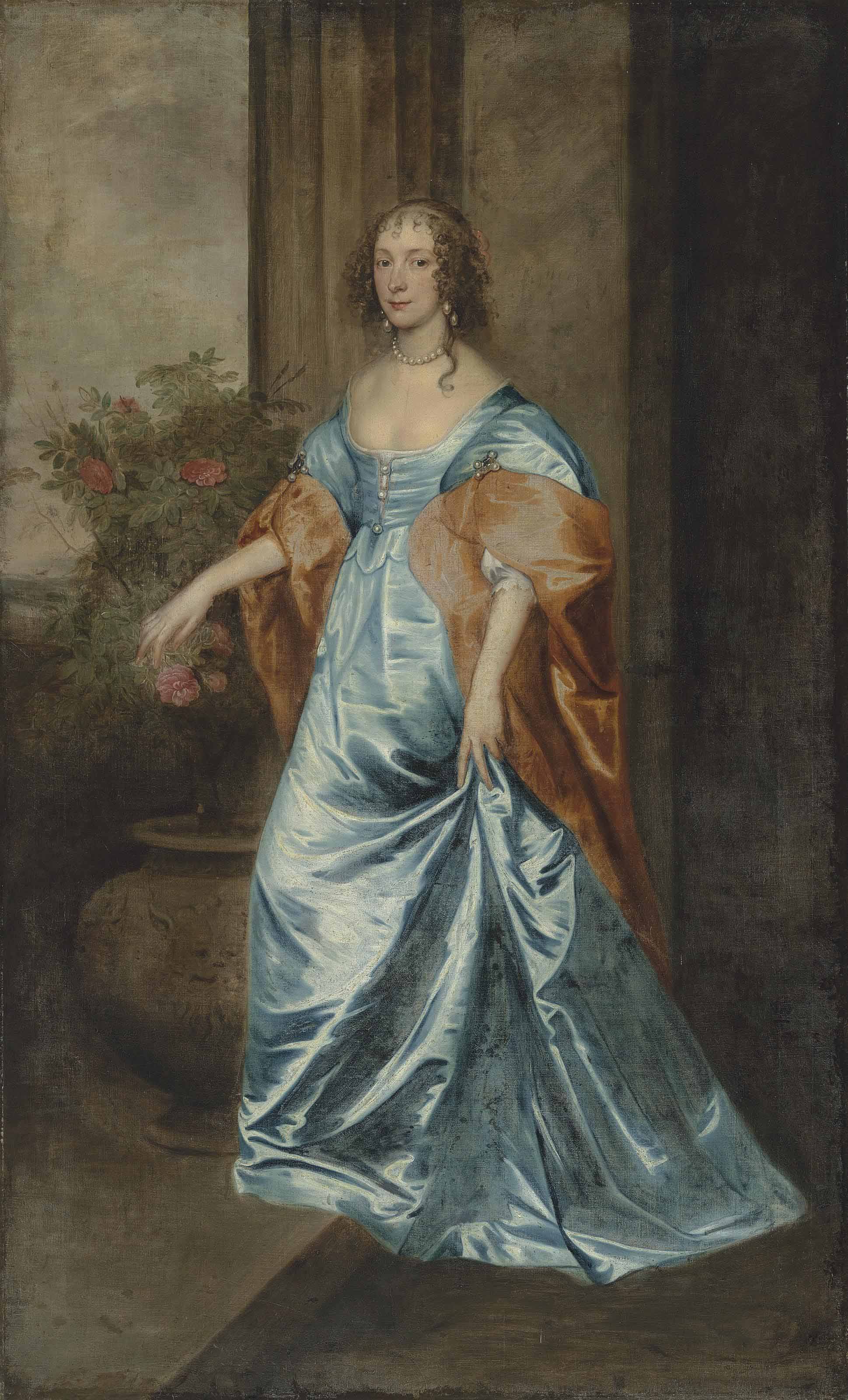 Anthony van Dyck — Портрет дамы в полный рост, в голубом атласном платье с оранжевой накидкой, рядом с кустом роз в каменной урне, ее правая рука касается розы