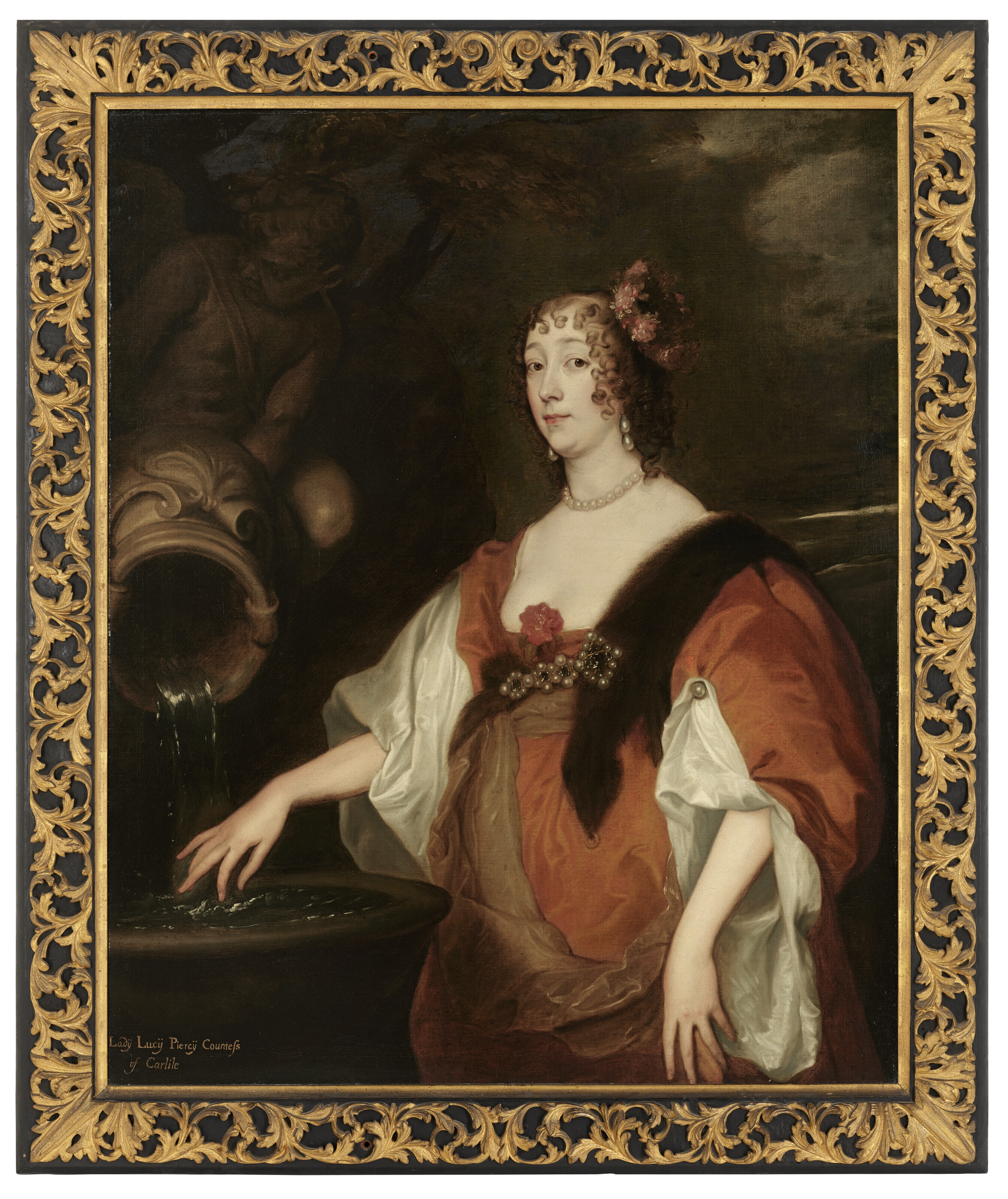 Anthony van Dyck — Портрет леди Люси Перси, графини Карлайл (1599-1660), в три четверти роста, в красном платье, с венком из цветов в волосах, изображение 1