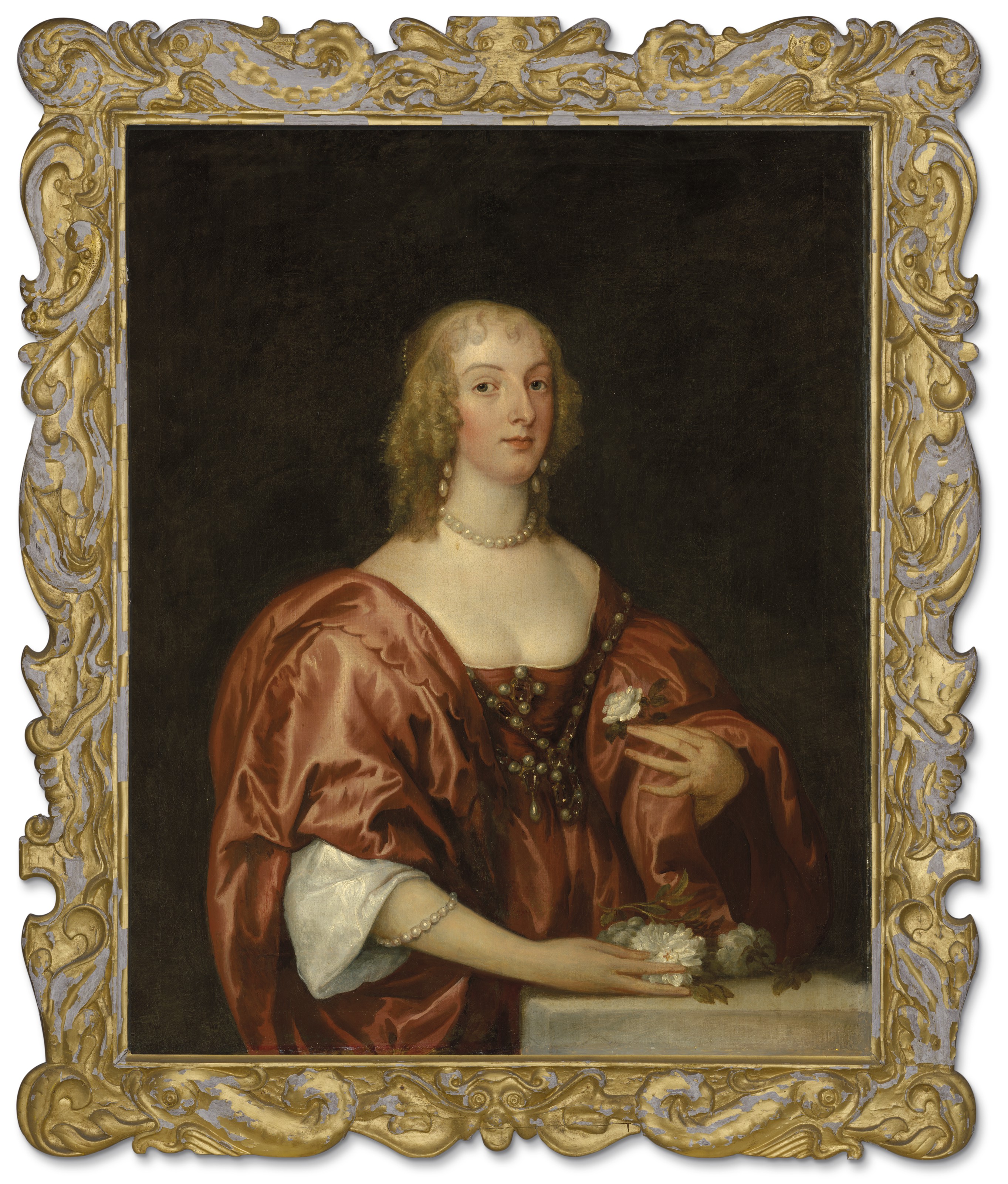 Anthony van Dyck — Портрет Анны Софии, графини Карнарвон (ок.1610-ок.1695), в полный рост, в красном платье, с цветами в руках