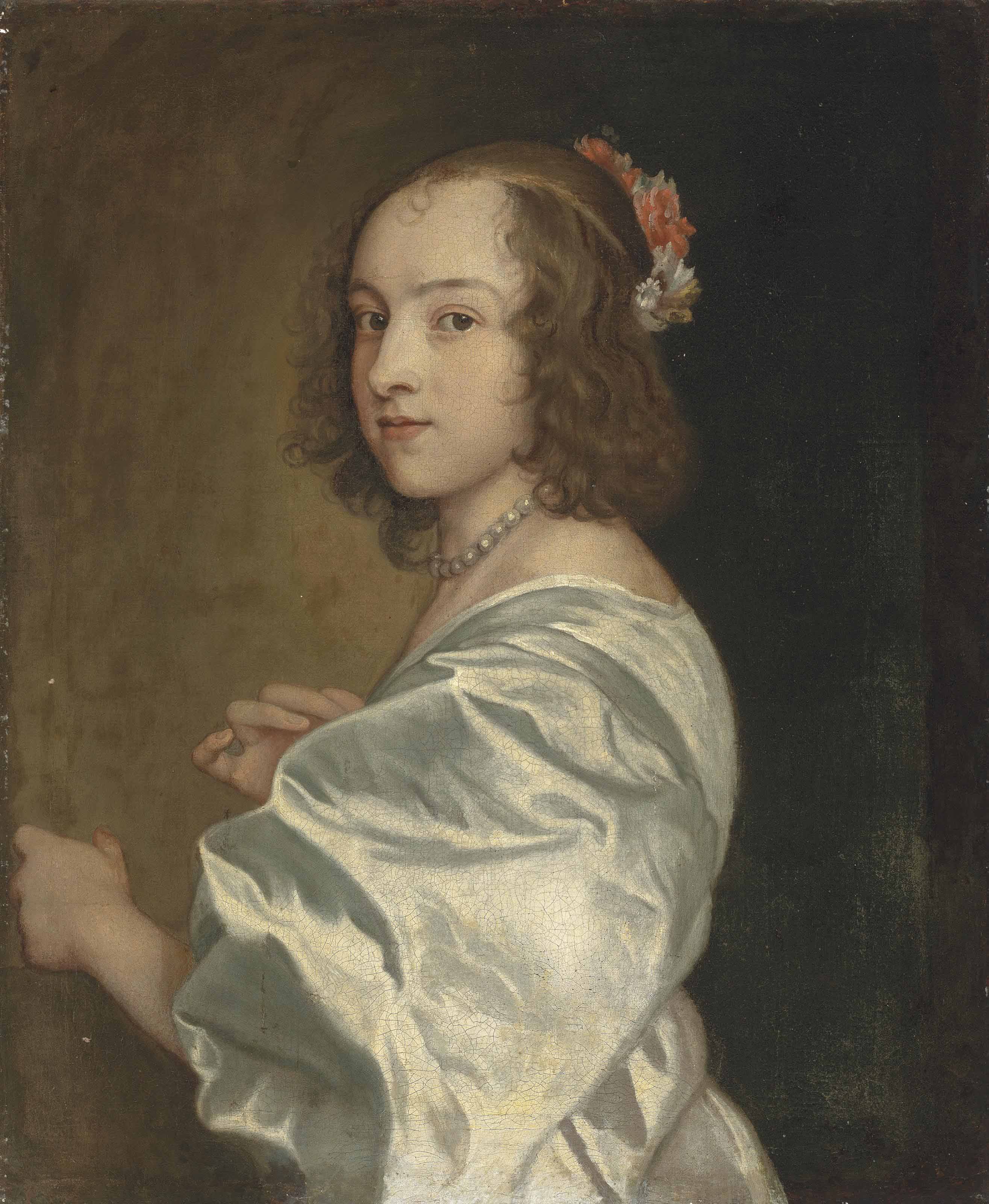 Anthony van Dyck — Портрет Маргарет Лемон (ок. 1614-1645), в полный рост, в сером шелковом платье и белом жемчужном ожерелье, с розами и другими цветами в волосах.