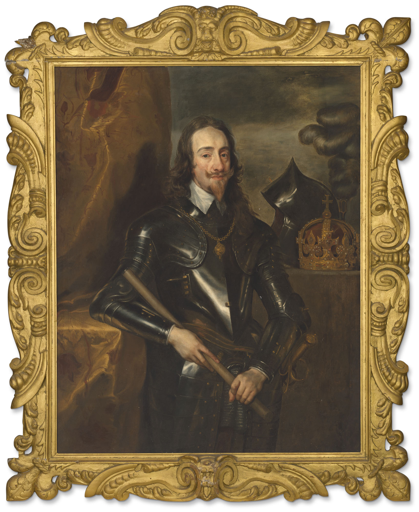 Anthony van Dyck — Портрет короля Карла I (1600-1649) в три четверти роста, в доспехах, с жезлом в руках, рядом с ним корона и шлем.