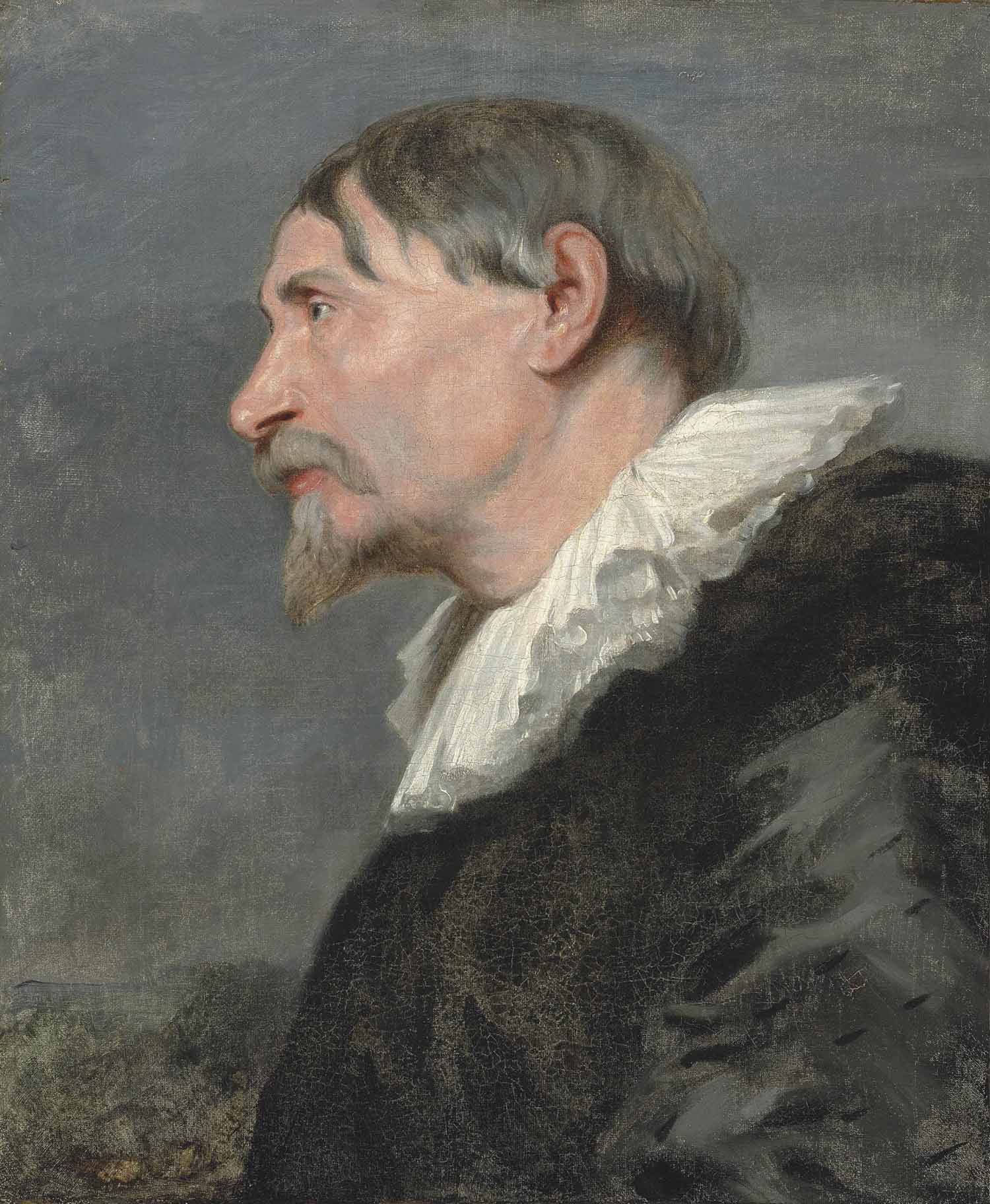 Anthony van Dyck — Бородатый мужчина в профиль, во весь рост, в черном пальто с белым воротничком