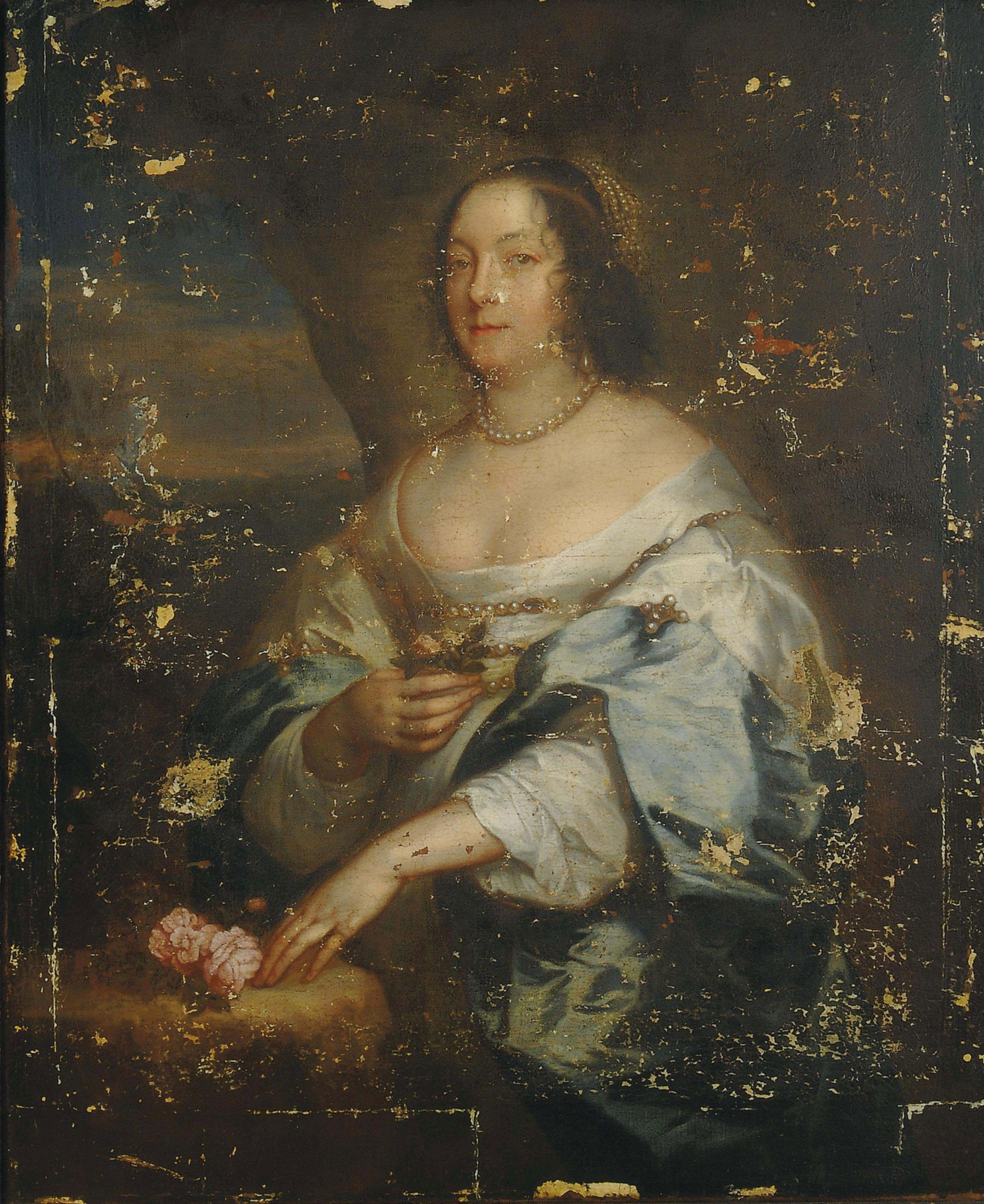 Anthony van Dyck — Портрет Дианы Сесил, графини Оксфорд, стоящей в три четверти роста, в белом шелковом платье с голубой накидкой, с жемчужными серьгами и ожерельем, с цветком в правой руке.