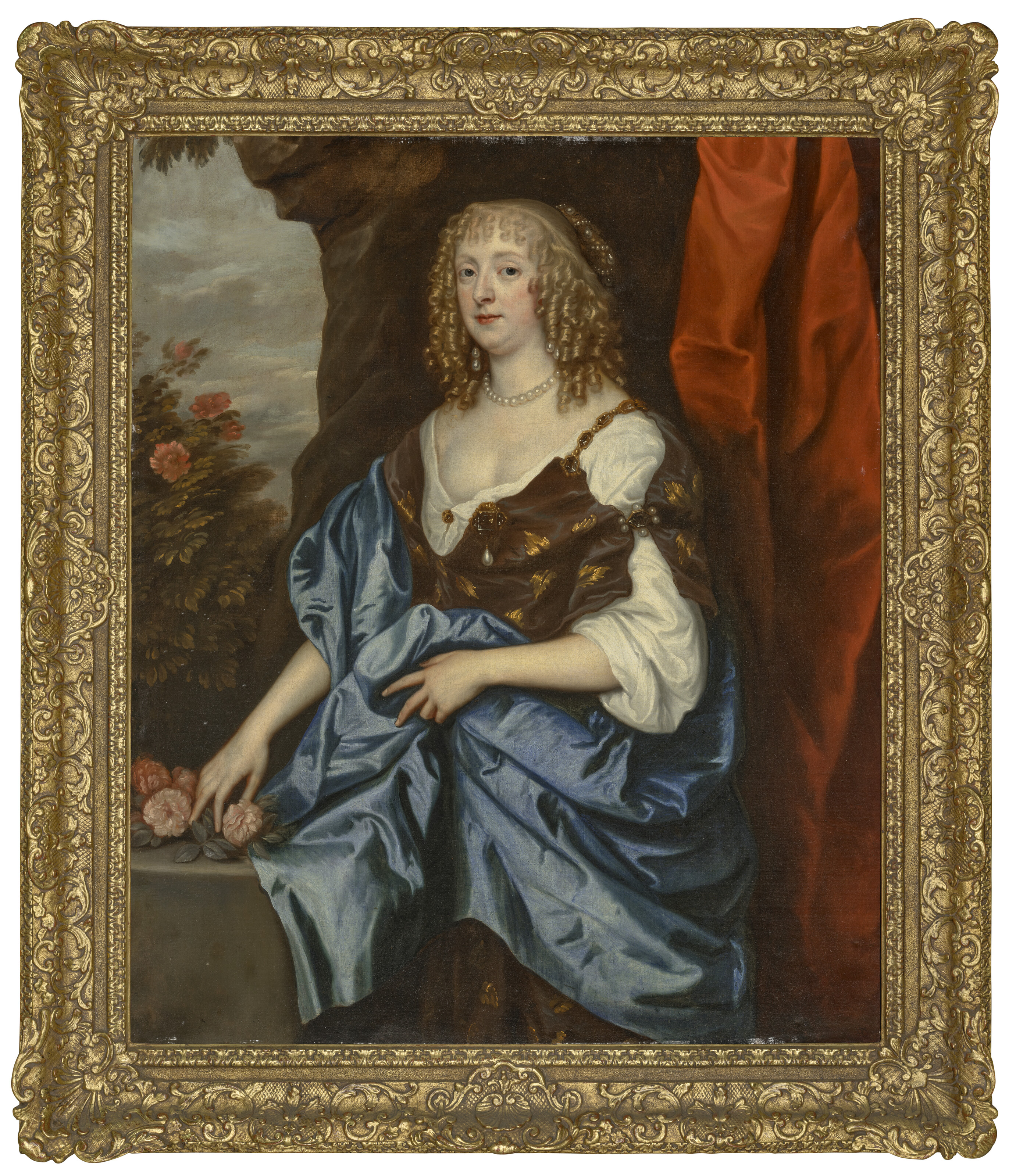 Anthony van Dyck — Портрет Кэтрин Мюррей, впоследствии графини Дайсарт, урожденной Брюс (ум. в 1649 году), в три четверти роста, в коричневом вышитом платье с голубой драпировкой, с цветами в руках, на фоне скалистого пейзажа, изображение 2