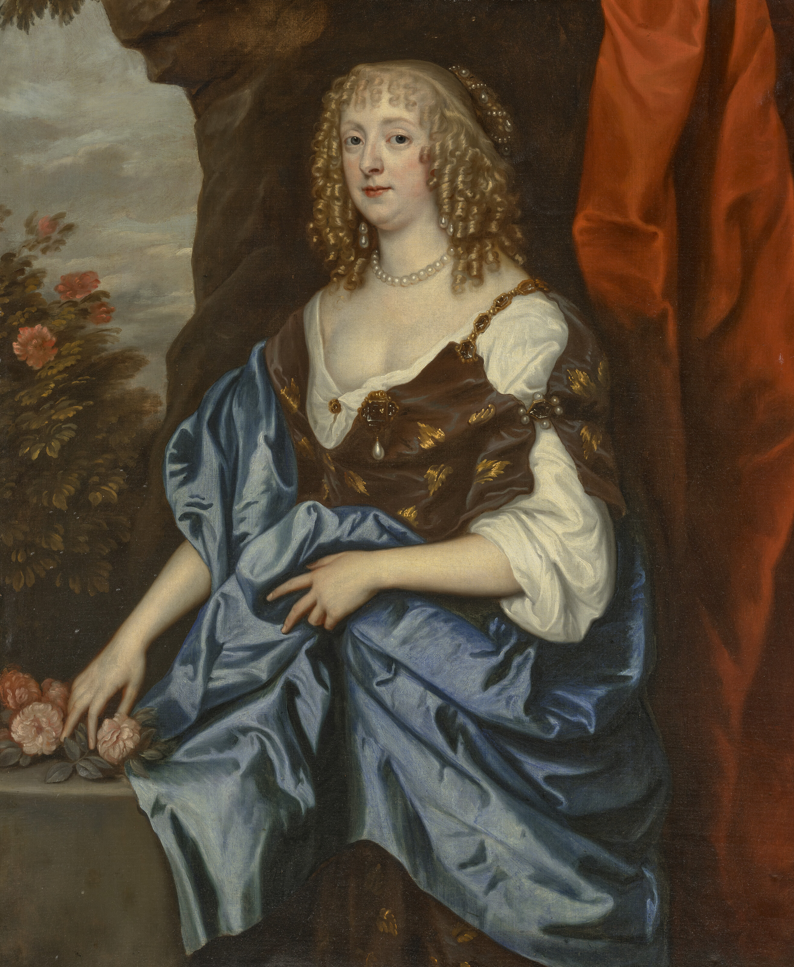 Anthony van Dyck — Портрет Кэтрин Мюррей, впоследствии графини Дайсарт, урожденной Брюс (ум. в 1649 году), в три четверти роста, в коричневом вышитом платье с голубой драпировкой, с цветами в руках, на фоне скалистого пейзажа, изображение 3