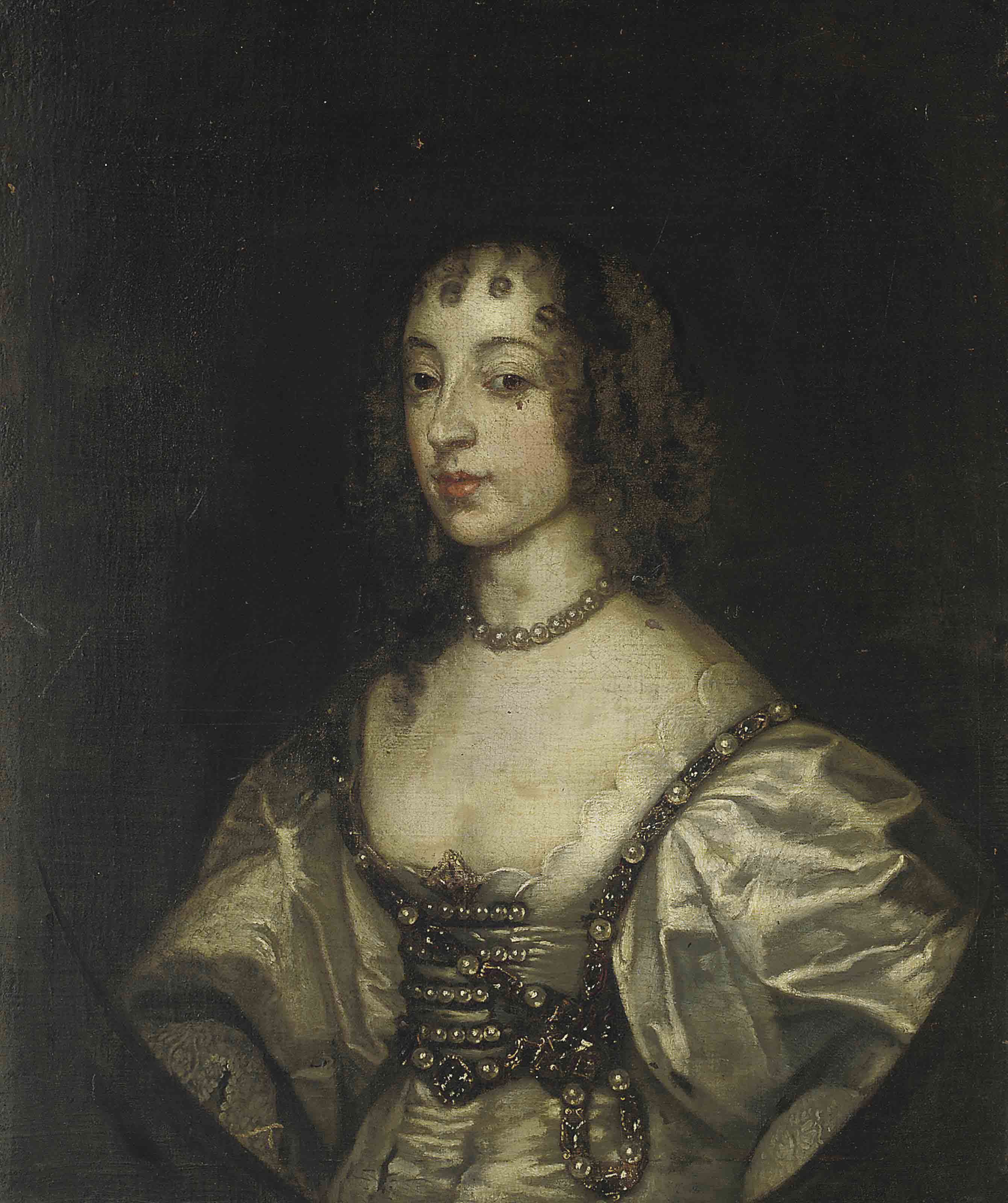 Anthony van Dyck — Портрет королевы Генриетты Марии (1609- 1669), рост в три четверти, в зеленом платье, с жемчужным ожерельем, имитирующим овал