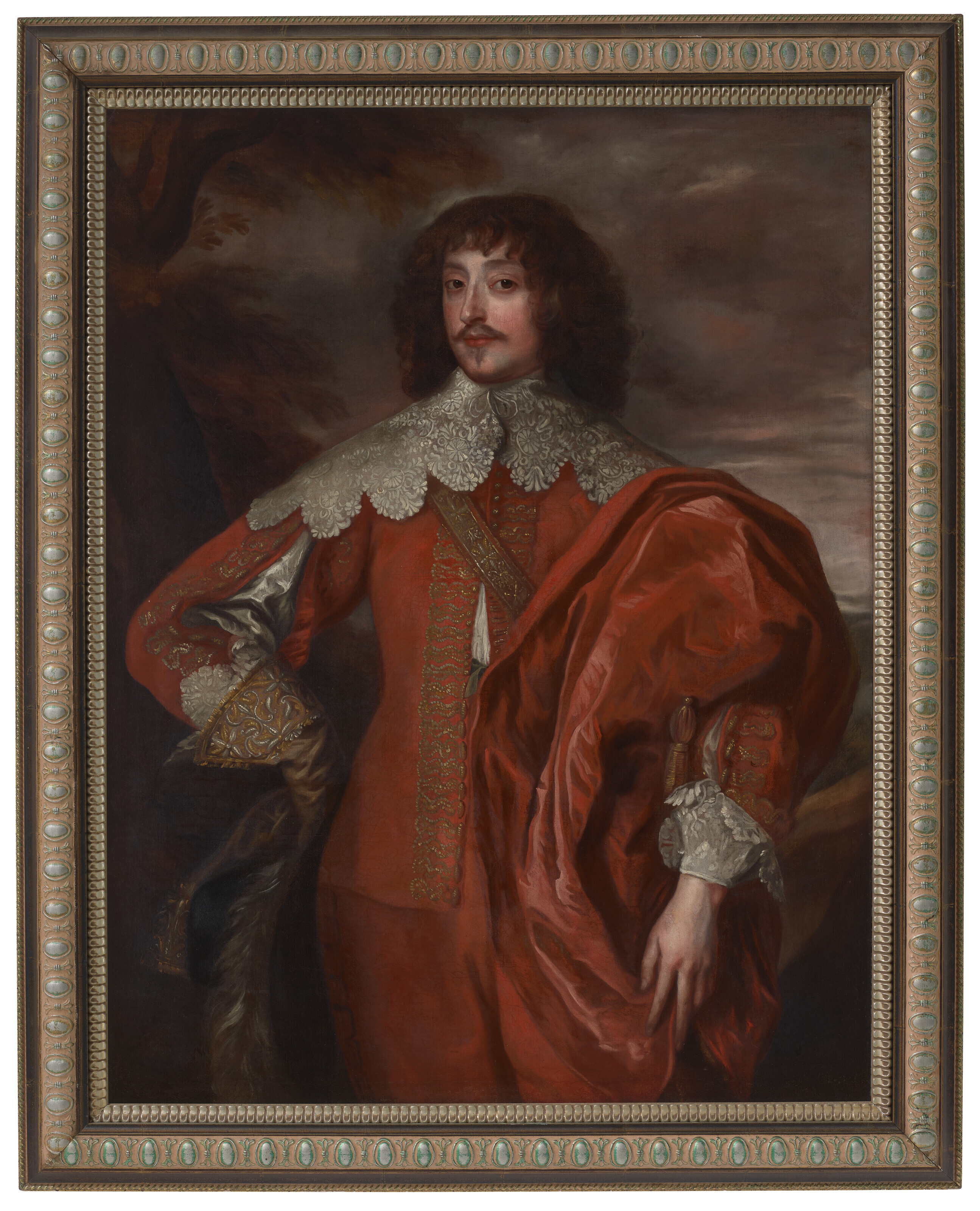 Anthony van Dyck — Портрет Уильяма Вильерса, 2-го виконта Грандисона (1614-1643), в три четверти роста, в расшитом красным и золотом камзоле с широким кружевным воротником и красном плаще