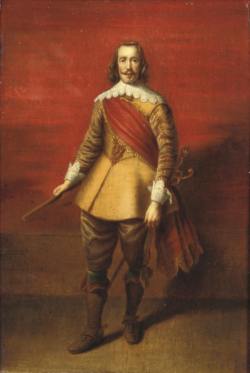 Anthony van Dyck — Портрет дворянина в полный рост, в желтом костюме, расшитом золотом, с кружевными манжетами и воротником и красным кушаком